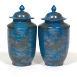 Pair of Blue Glazed Porcelain Dragon Jars with Lids