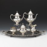 Wallace Sterling Silver Five-Piece tea/Coffee Service with Matching Silver Plated Tray, "Baroque" P