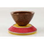 Tom Buchner & Ward Stevens (USA) brown oak bowl on carved and coloured pedestal 8x11cm. Signed