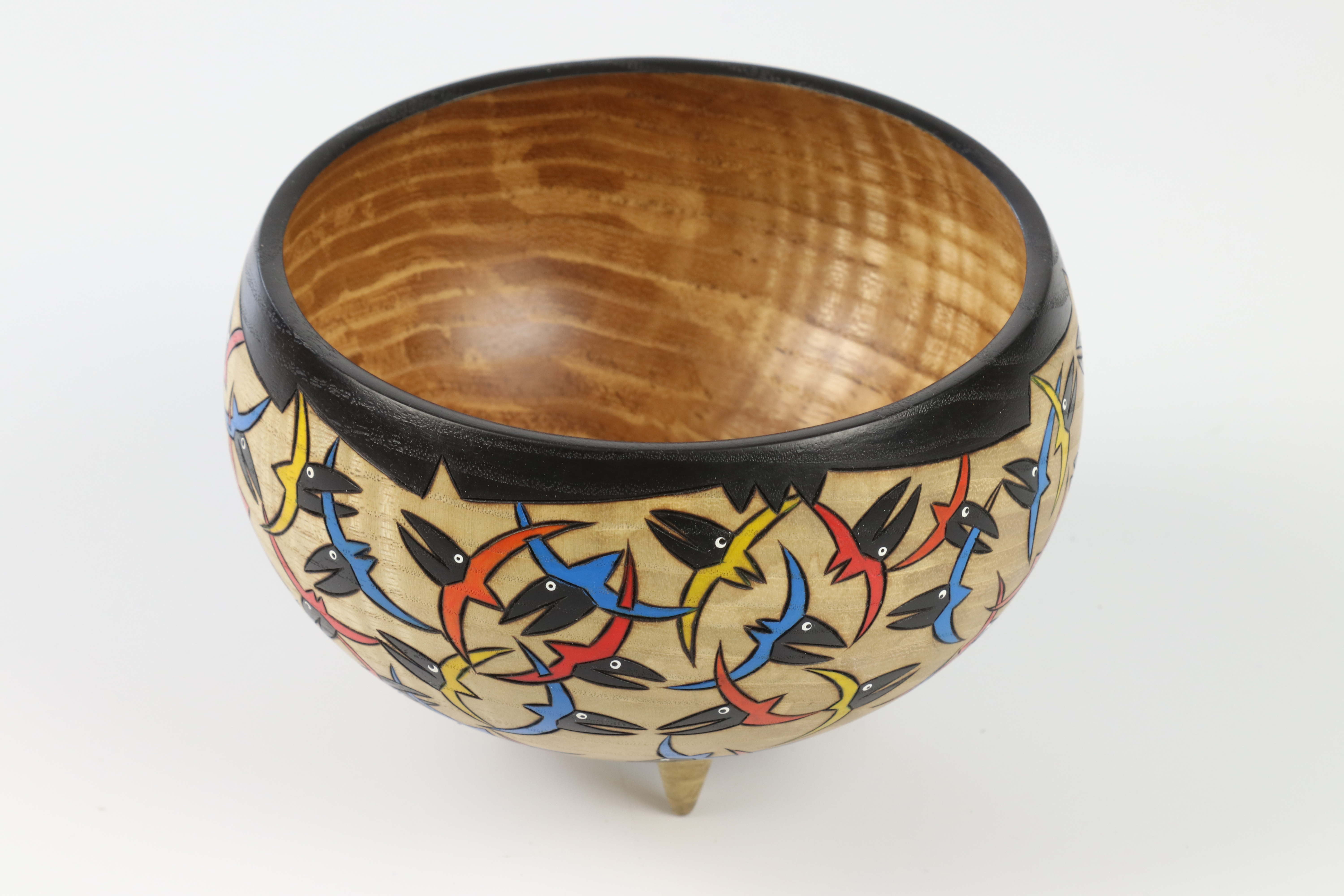 Mike and Laura Hosaluk (Candada) rippled ash decorated bowl 10x14cm. Signed - Image 2 of 3