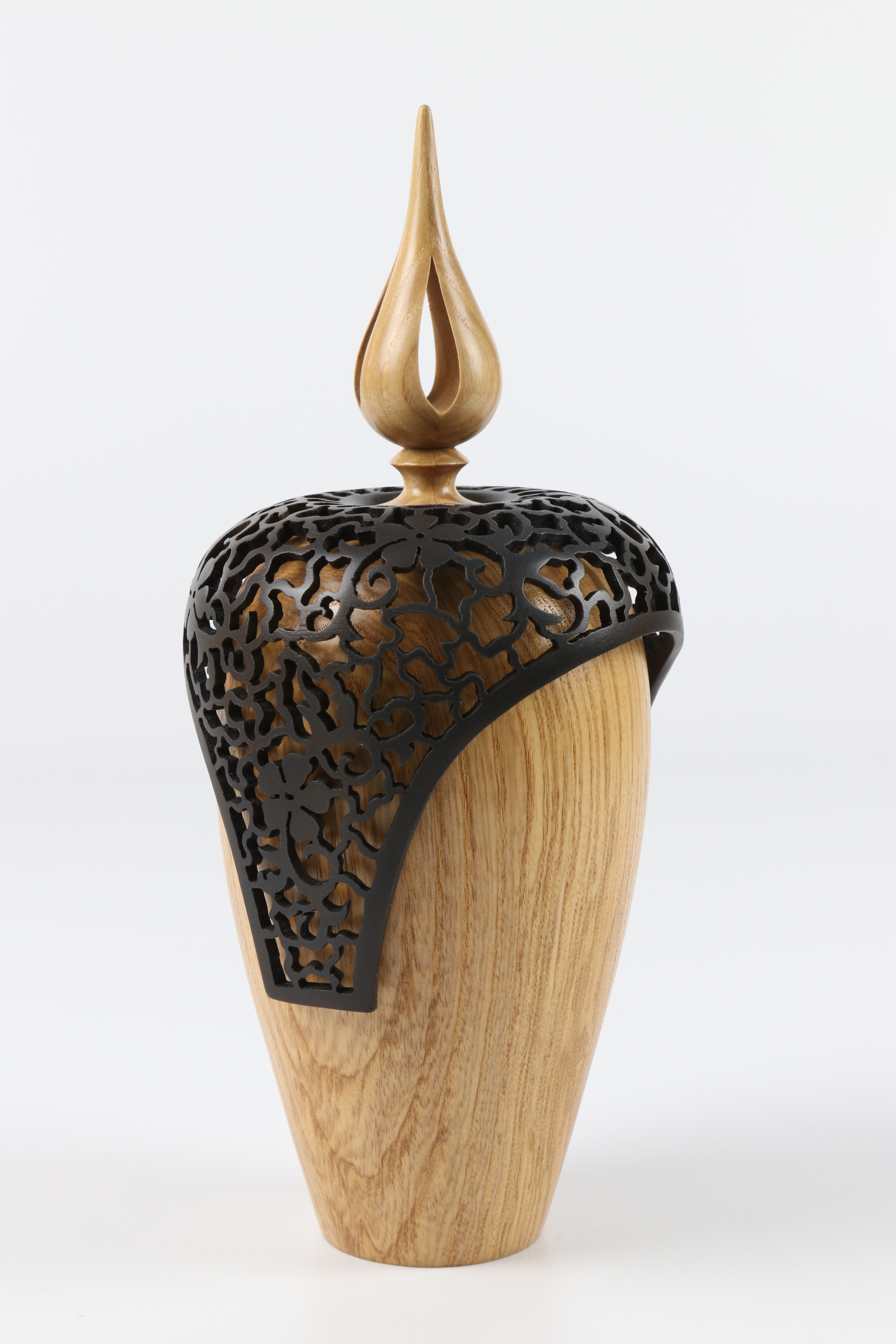 Margaret Garrard (UK) ash lidded form with pierced shroud 24x10cm. Signed - Image 2 of 3