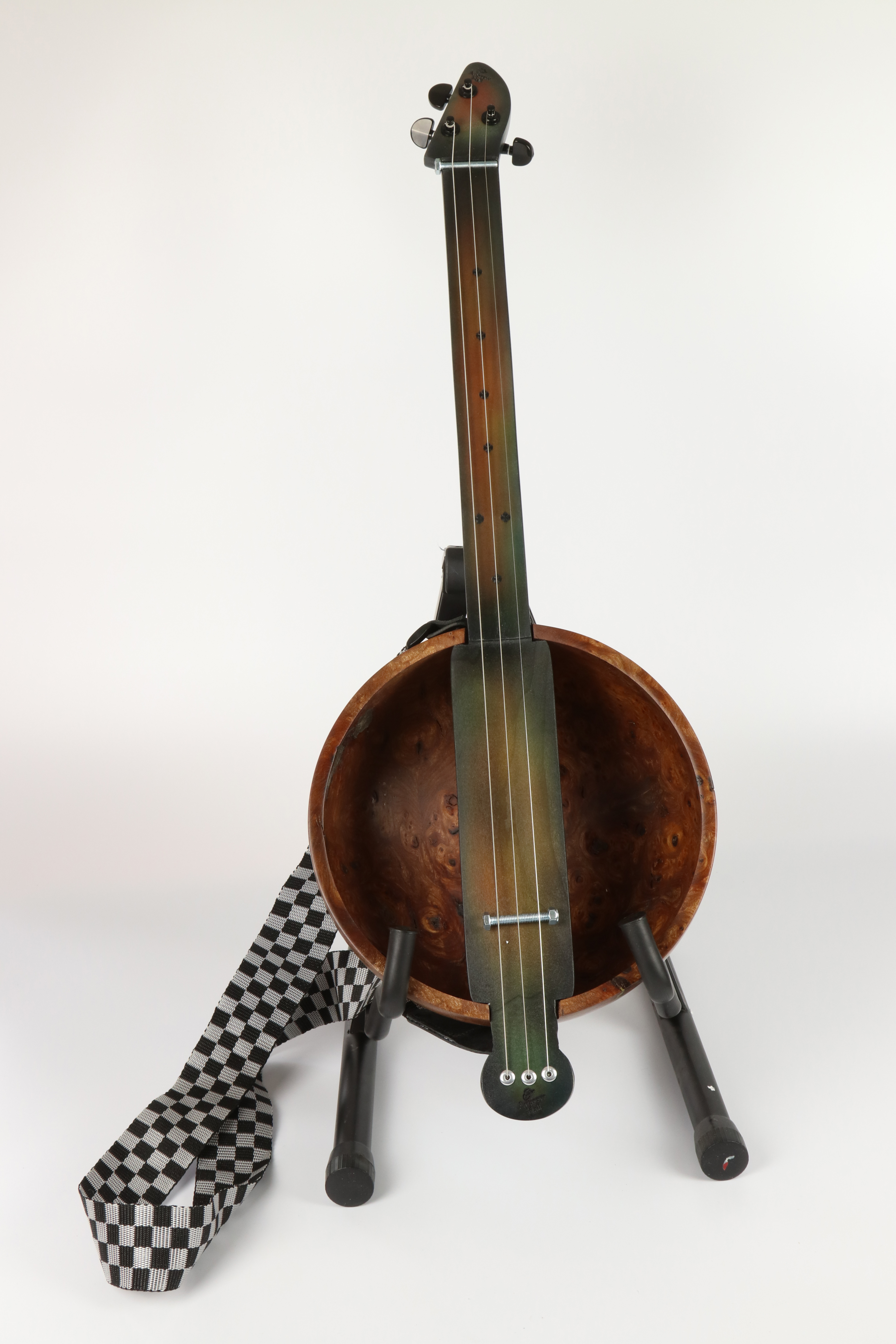 Andrew Hall (UK) Burr elm blues bowl guitar with pickup, tuner, plectrum, slideand case 80x26cm. - Image 2 of 5