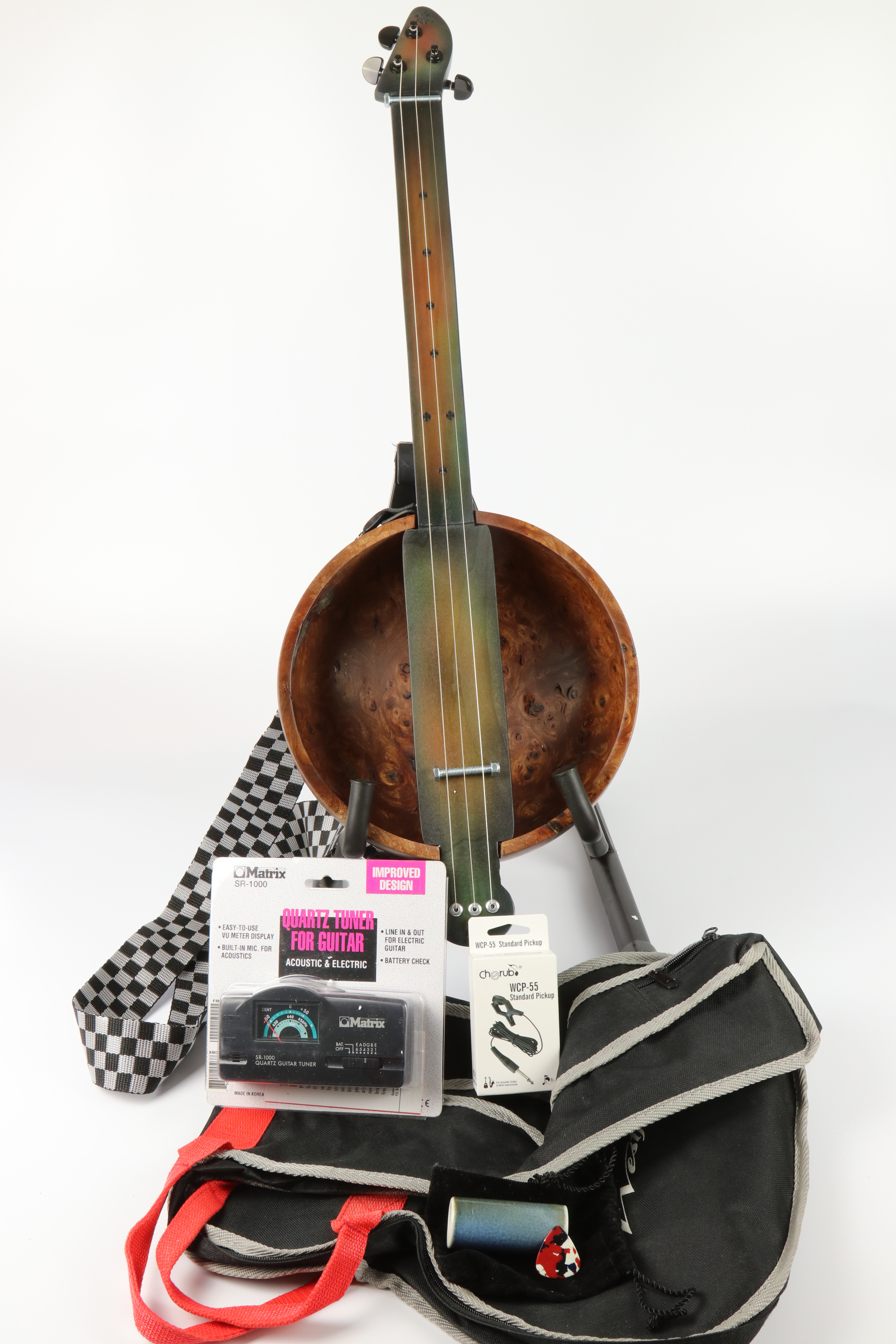 Andrew Hall (UK) Burr elm blues bowl guitar with pickup, tuner, plectrum, slideand case 80x26cm. - Image 3 of 5