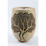 Richard Kennedy (UK) carved and pierced rippled ash hollow form 14x11cm. Signed