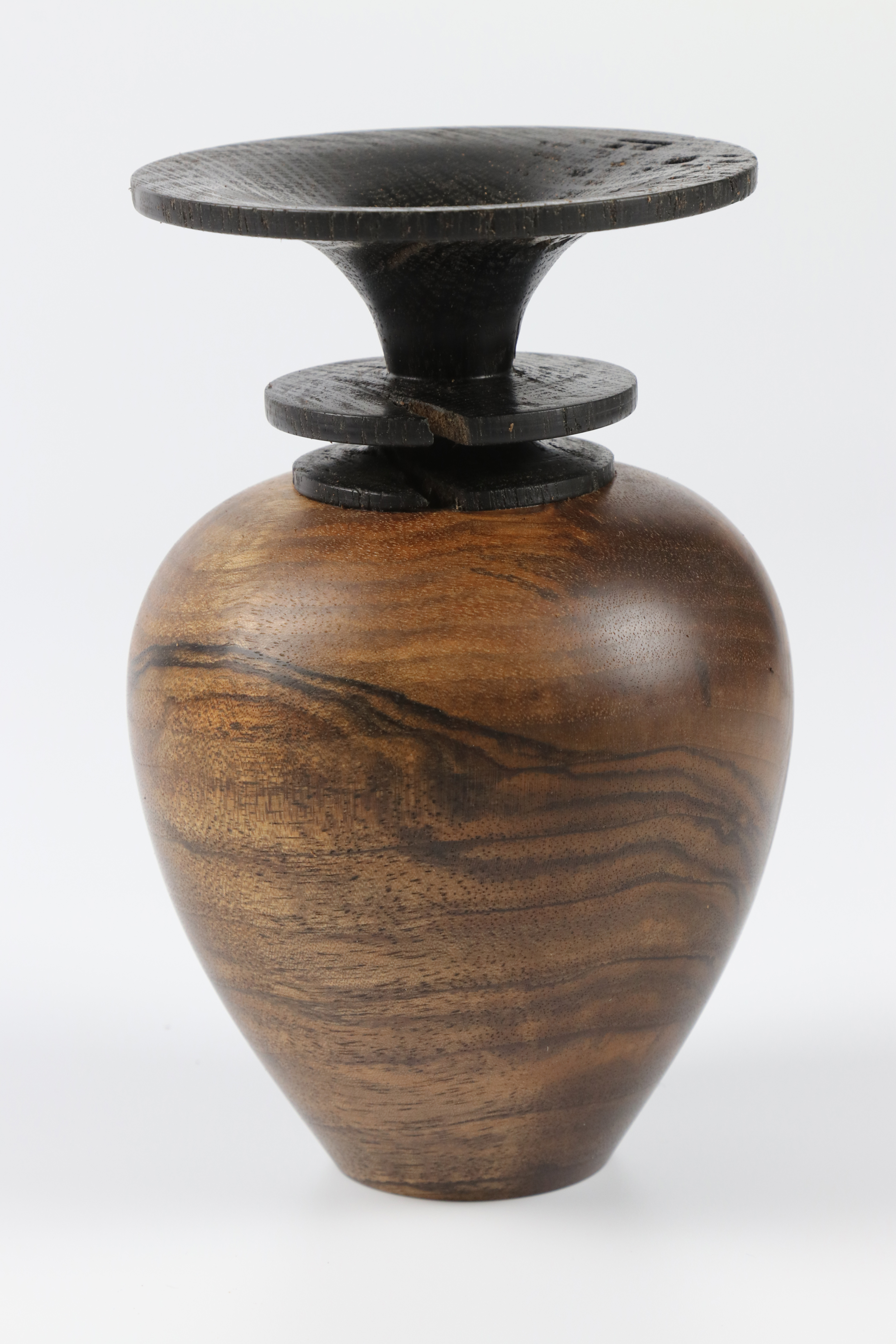 Melvyn Firmager (UK) walnut and bog oak hollow form 16x10cm. Signed