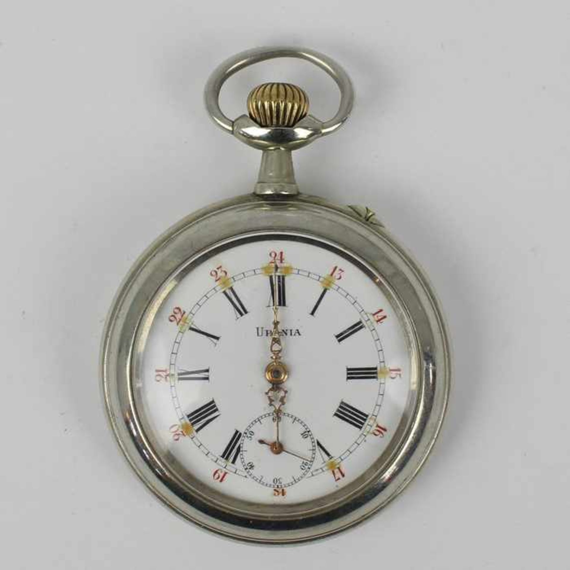 Herrentaschenuhr - UraniaNickel, Lepine Gehäuse, Dca.4,7cm, weißes Emailzifferblatt, röm/arab.