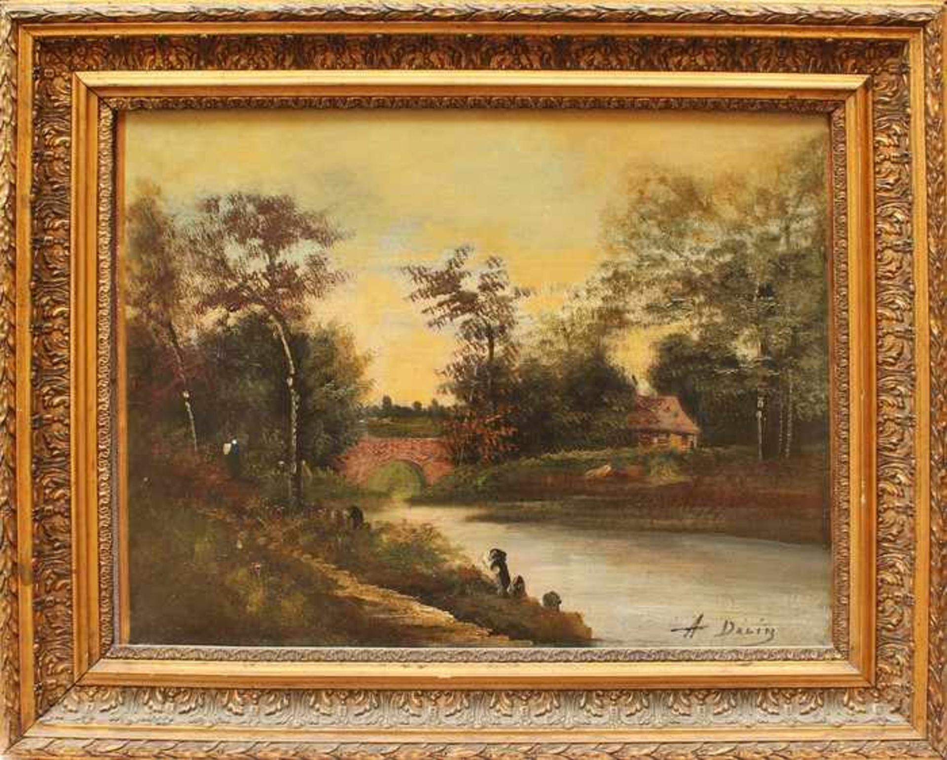 Dalin, A.E. 19. Jh., französischer Maler, "Flusslandschaft mit Brücke und Staffagefiguren", Öl/Lwd.,