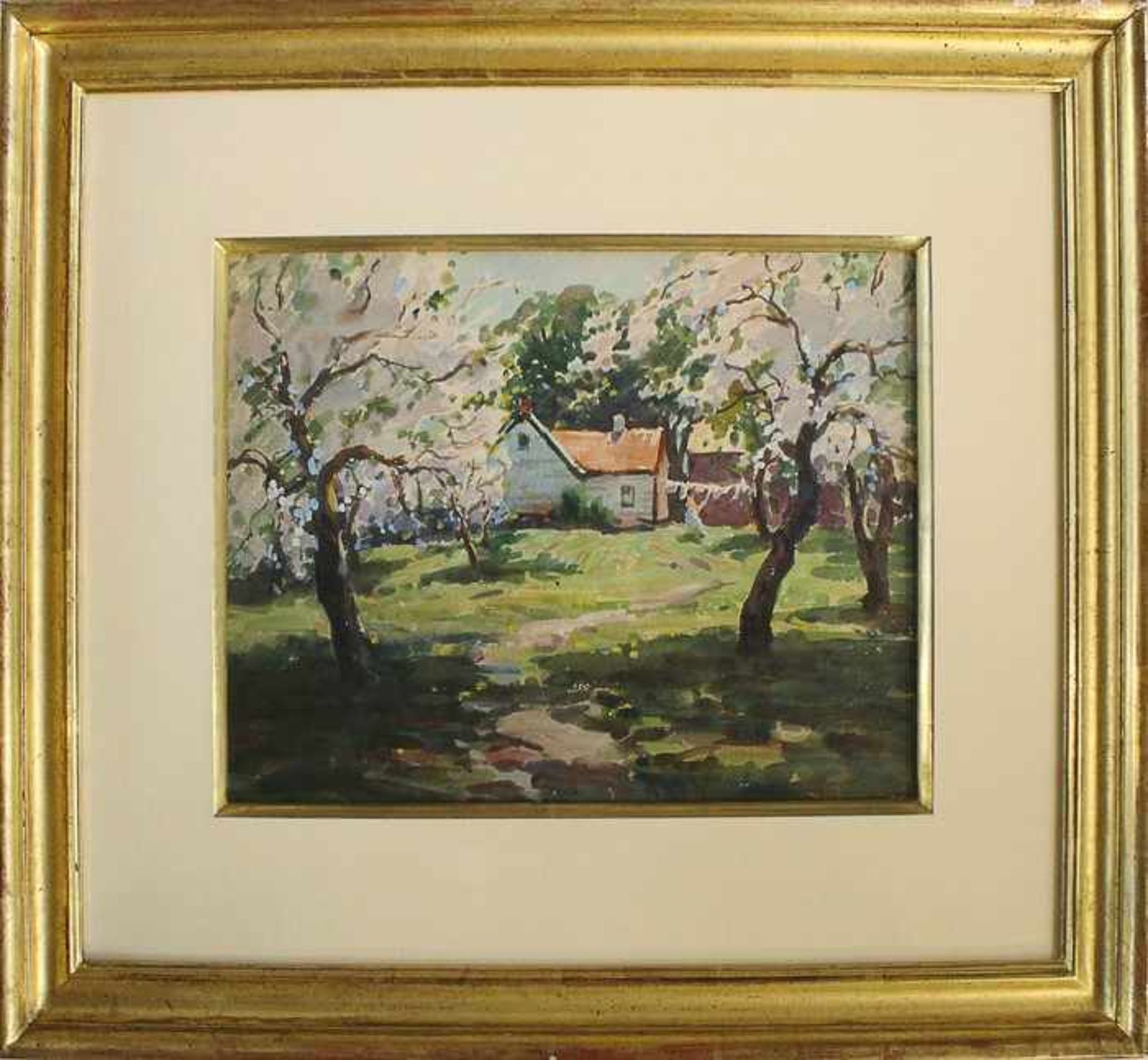 Curtin, Thomasbez. "Apple blossoms and laundry", Aquarell um 1940, in helles warmes Licht