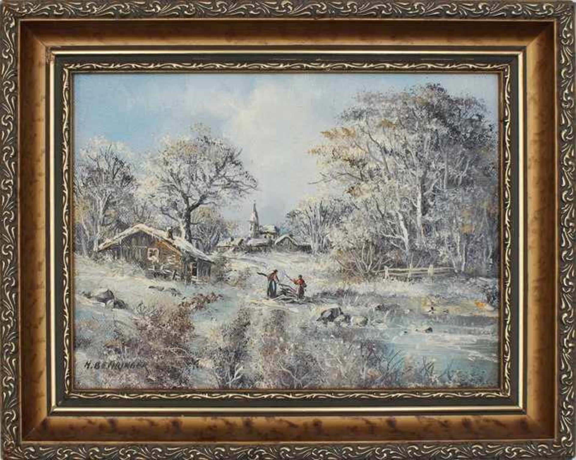 Behringer, Johann"Winterliche Idylle", 2 Personen beim Holz einsammeln, im Hintergrund Blick auf ein