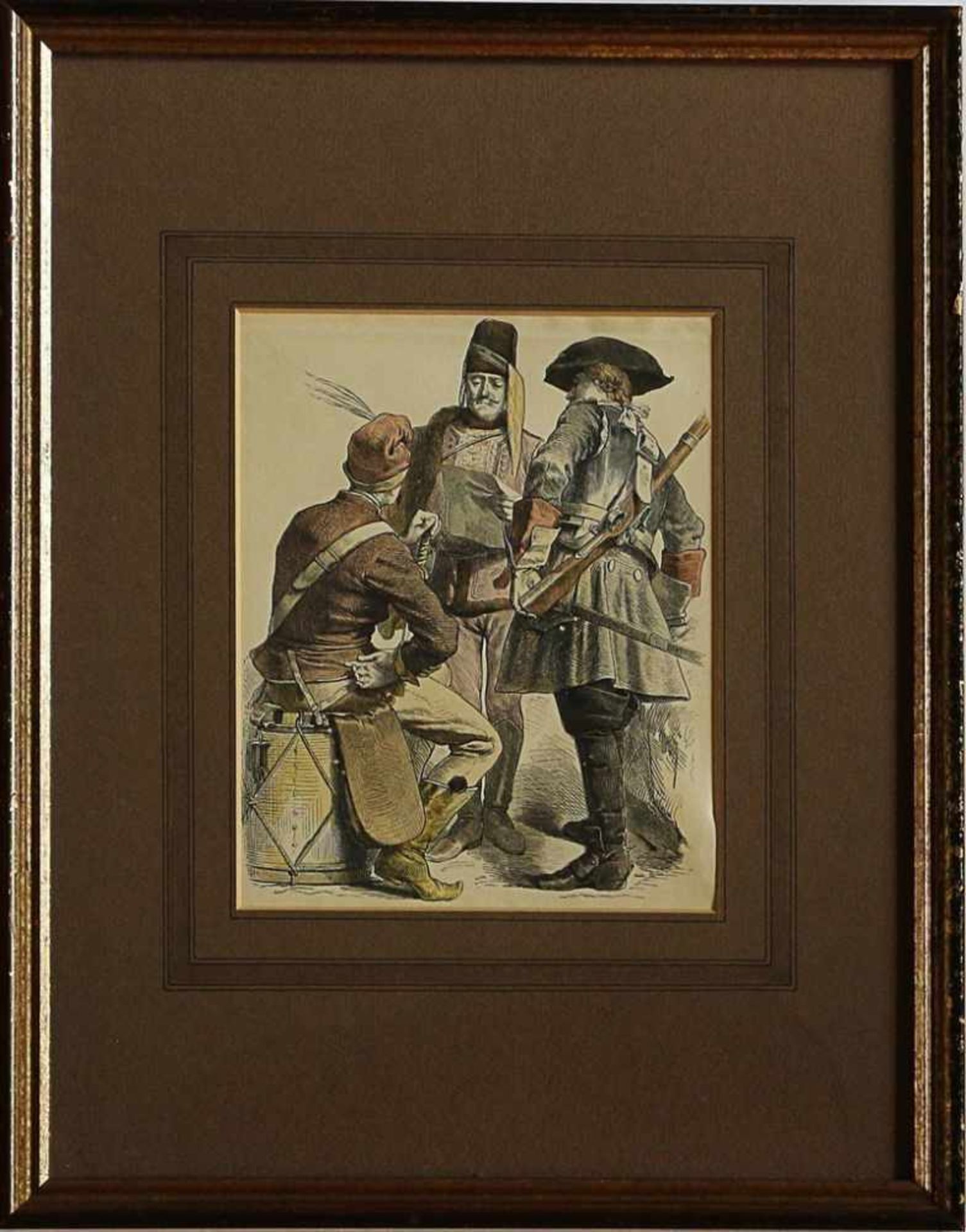 Soldatendarstellungum 1850, Stahlstich, handkoloriert, 3 Soldaten in Uniformen des 18.Jh.,