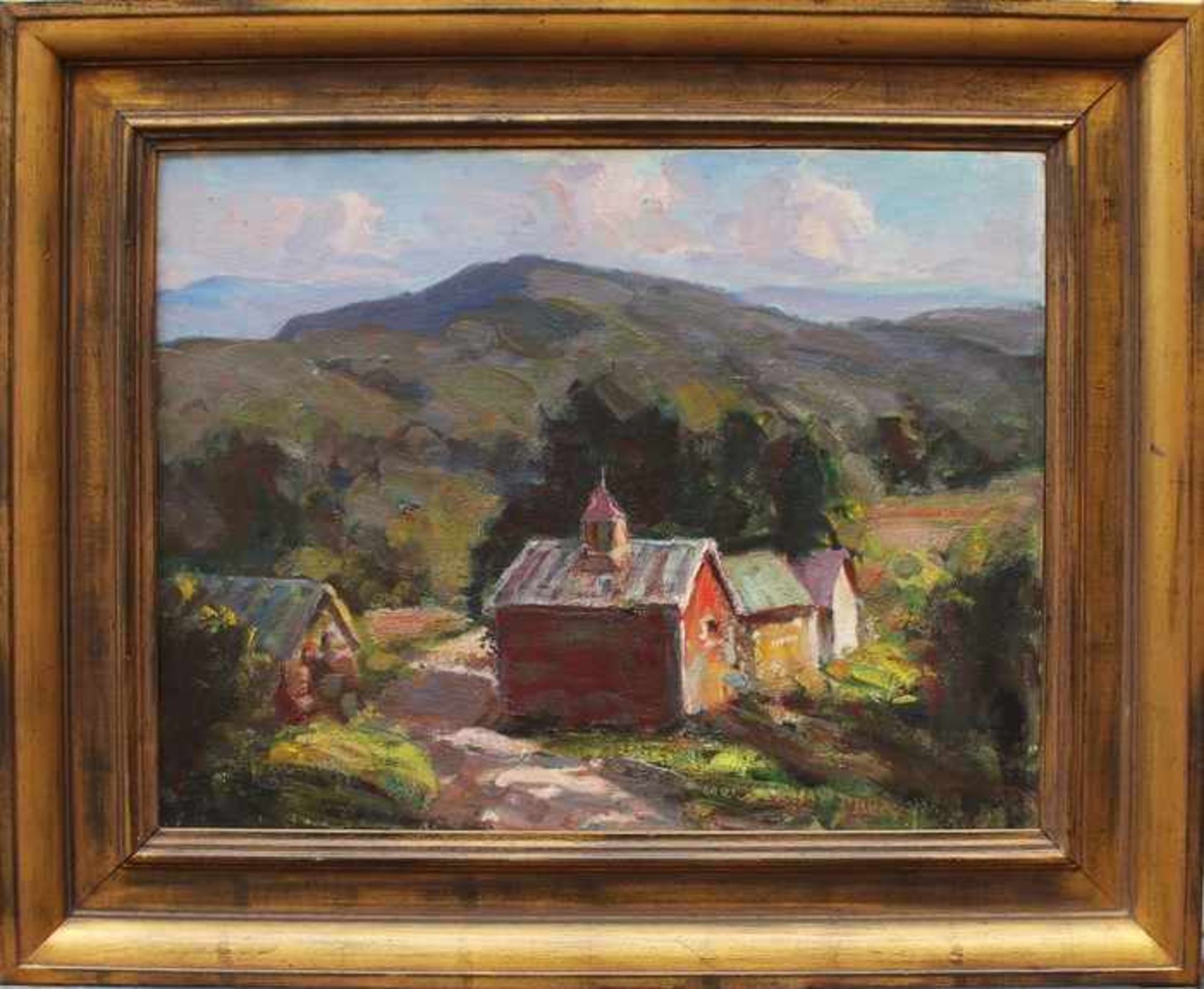 Curtin, Thomasbez. "Mountainside Farmhouse", Öl/Platte, bunte Farbpalette m. leuchtenden