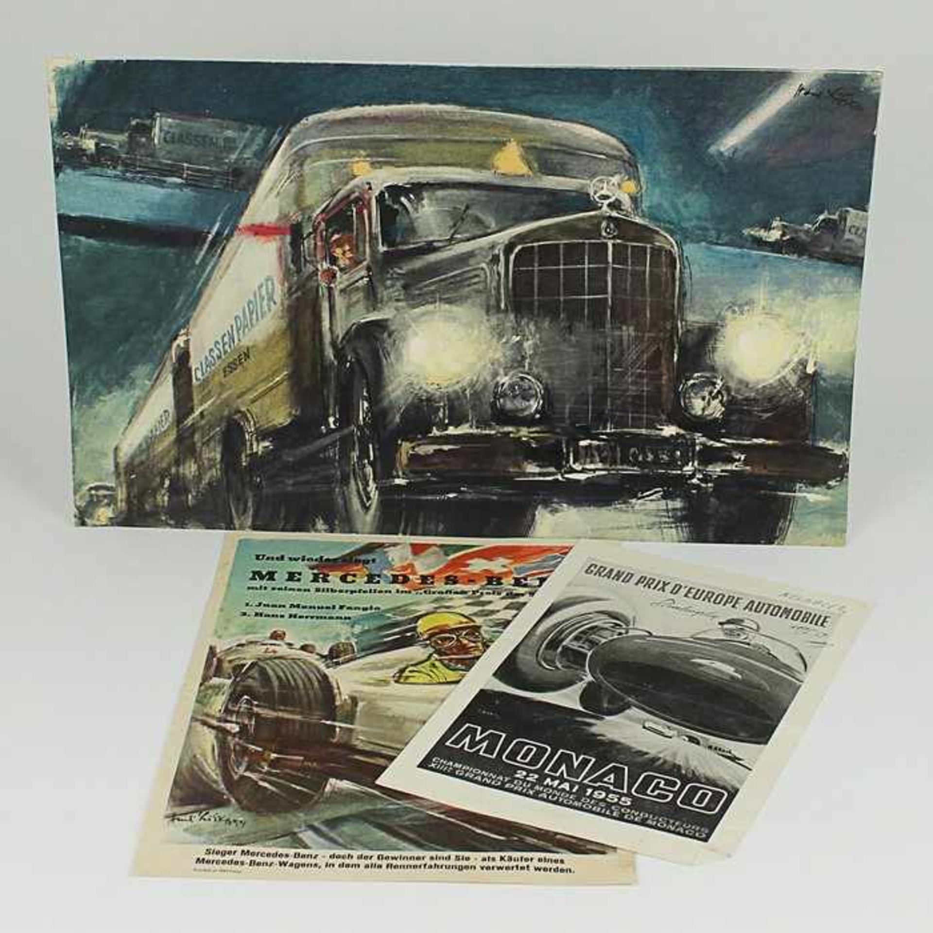 Mercedes Benz2 kleine Plakate Mercedes Benz 1954/55, 1x m. Autograph von Alfred Neubauer, dazu: 2