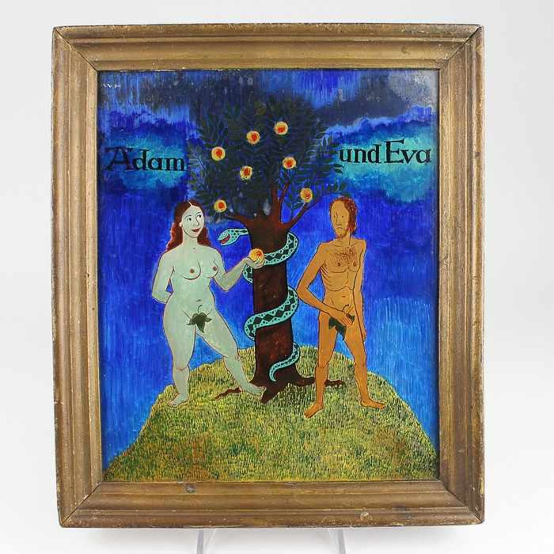 Unsigniertum 1920/30, "Adam und Eva", Hinterglasmalerei, naive Darstellung des Sündenfallmotives,
