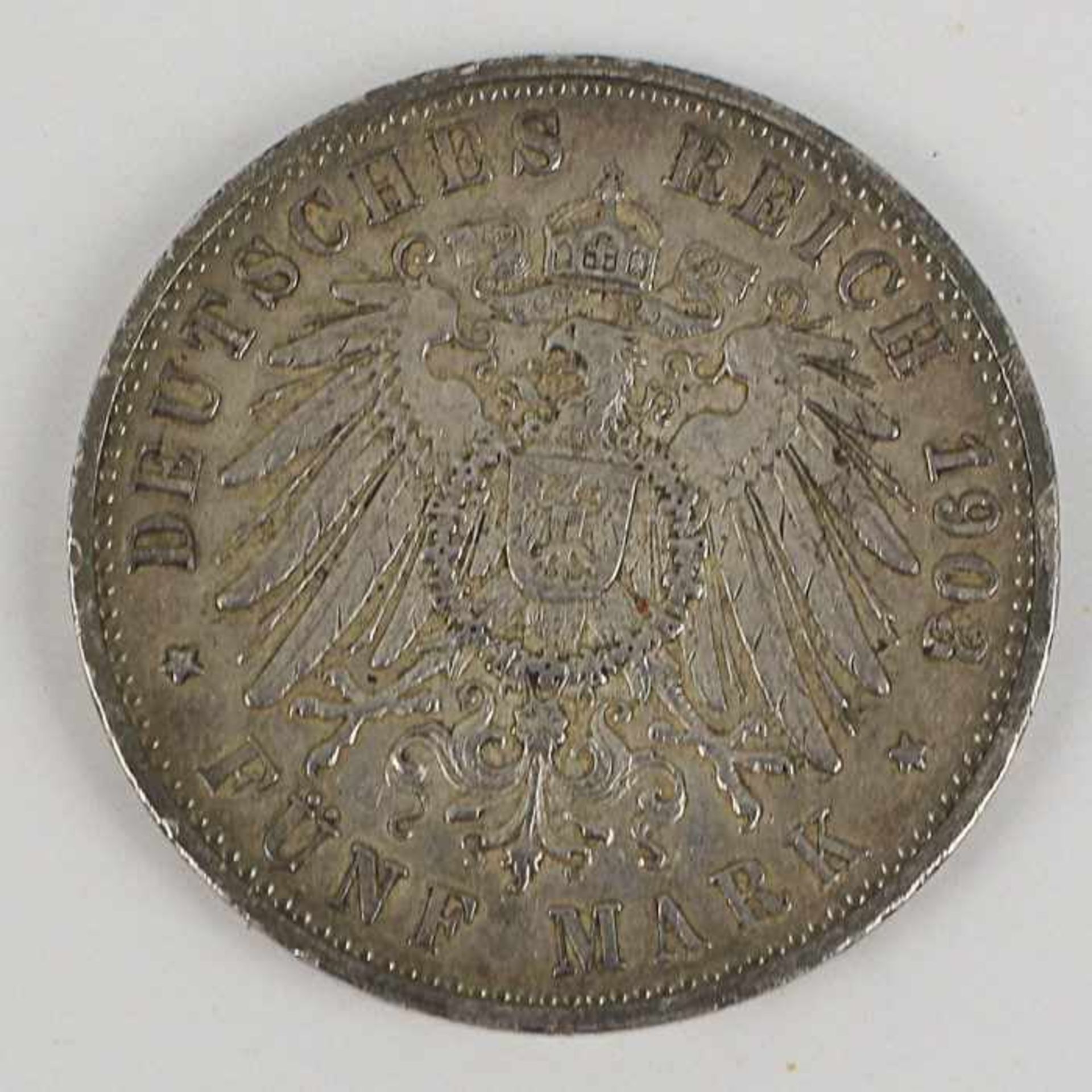 DR Württemberg - 5 Mark 1903Wilhelm II Koenig von Württemberg, F, RK, G 27,7 g, vz - Bild 2 aus 2