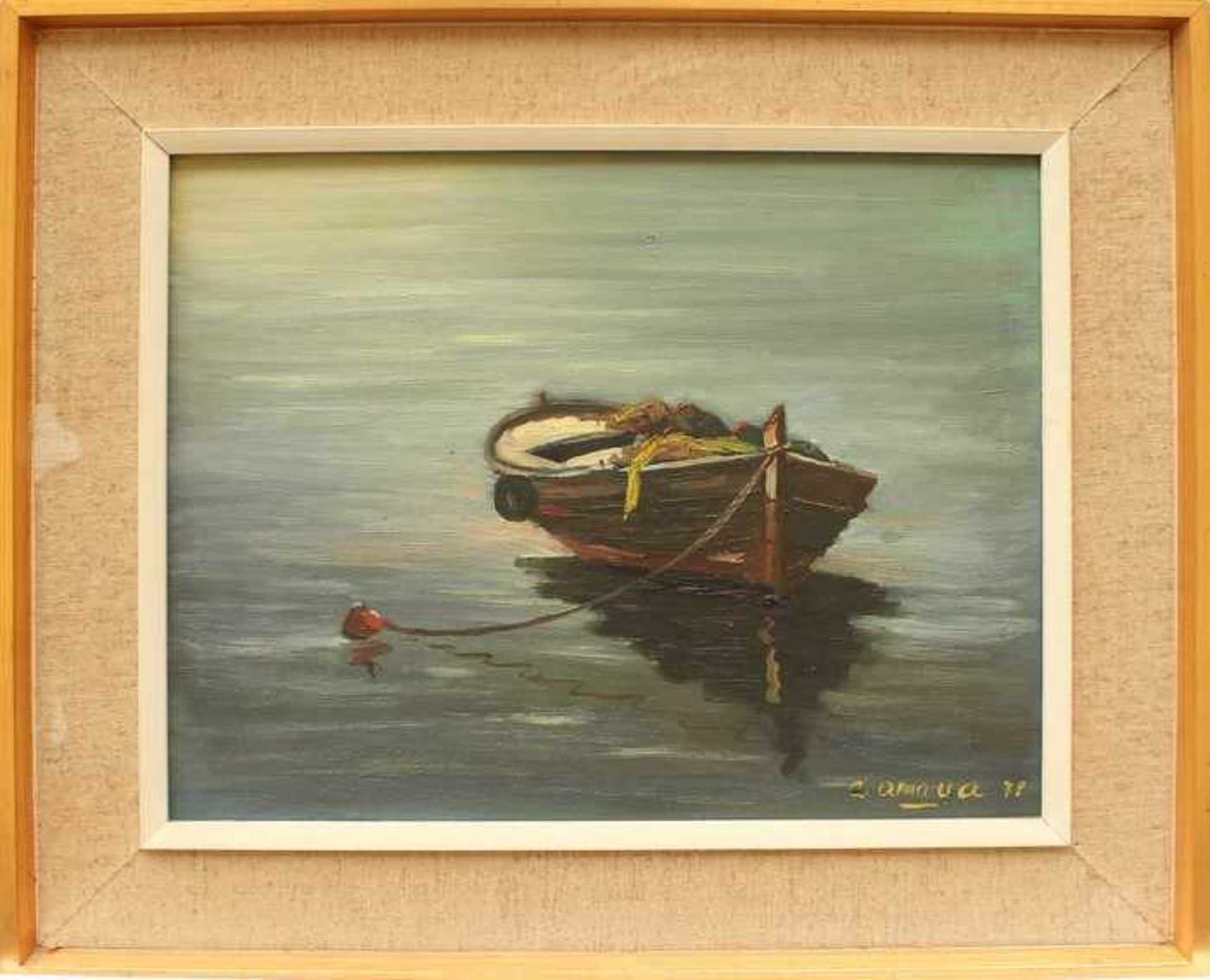 Amaya, G.20. Jh., "Verlassenes Ruderboot im Gewässer", Öl/Lwd., reich nuancierte Farbpalette,