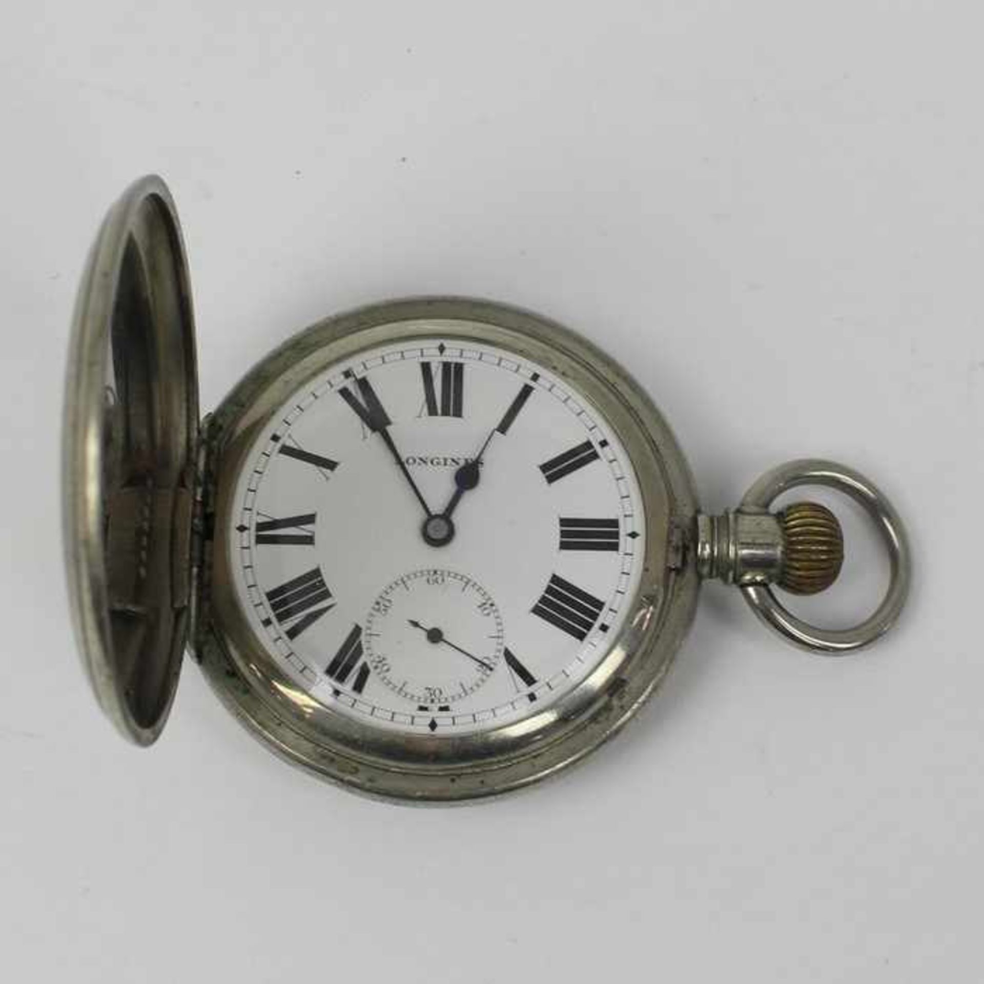 Eisenbahneruhr - LonginesMetall, wohl Argentan, Savonette-Gehäuse, Dca.5,2cm, Emailzifferblatt,