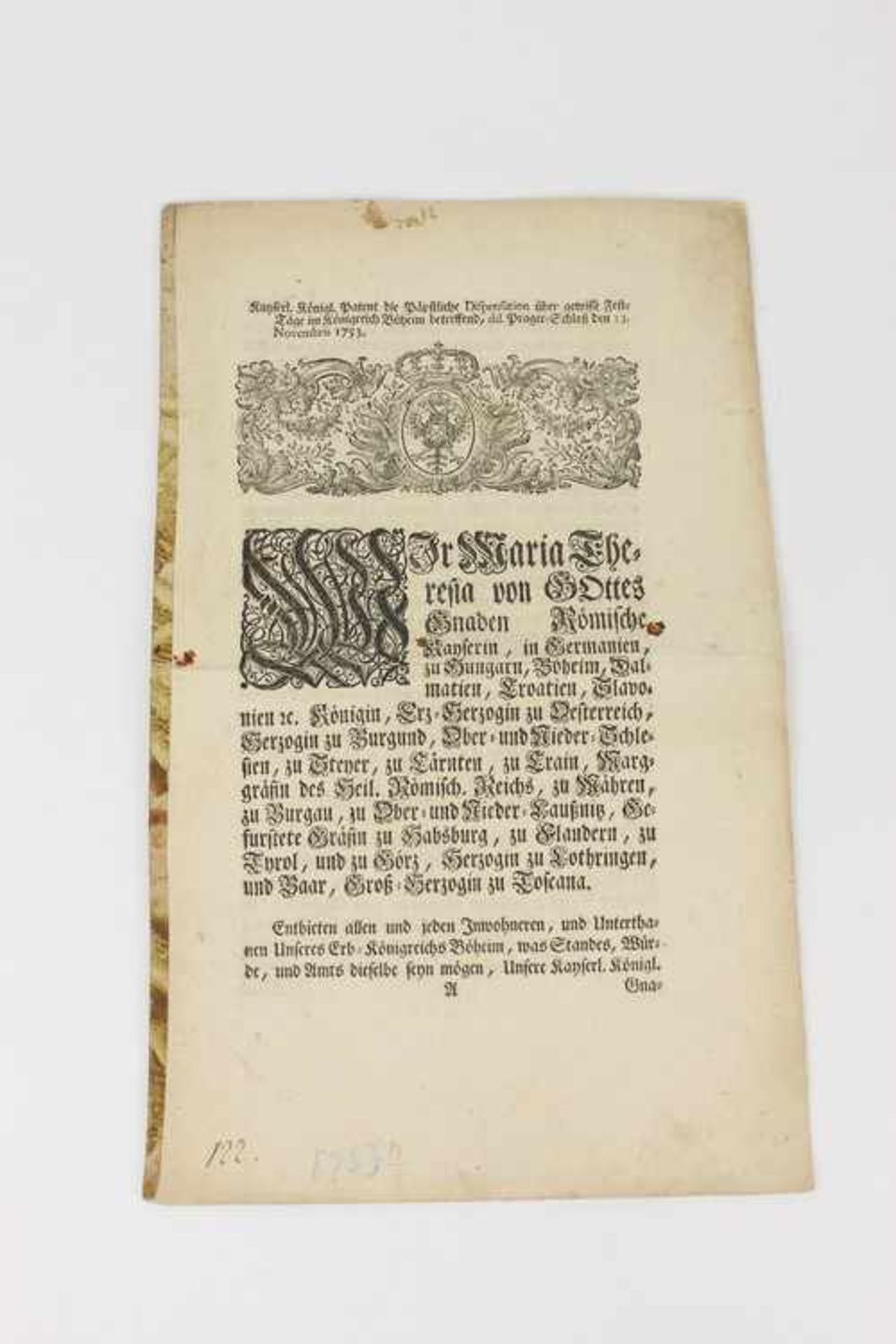 Kayserlich königliches Patent1753, "Patent... über gewisse Fest-Tage im Königreich Boeheim - Bild 2 aus 2