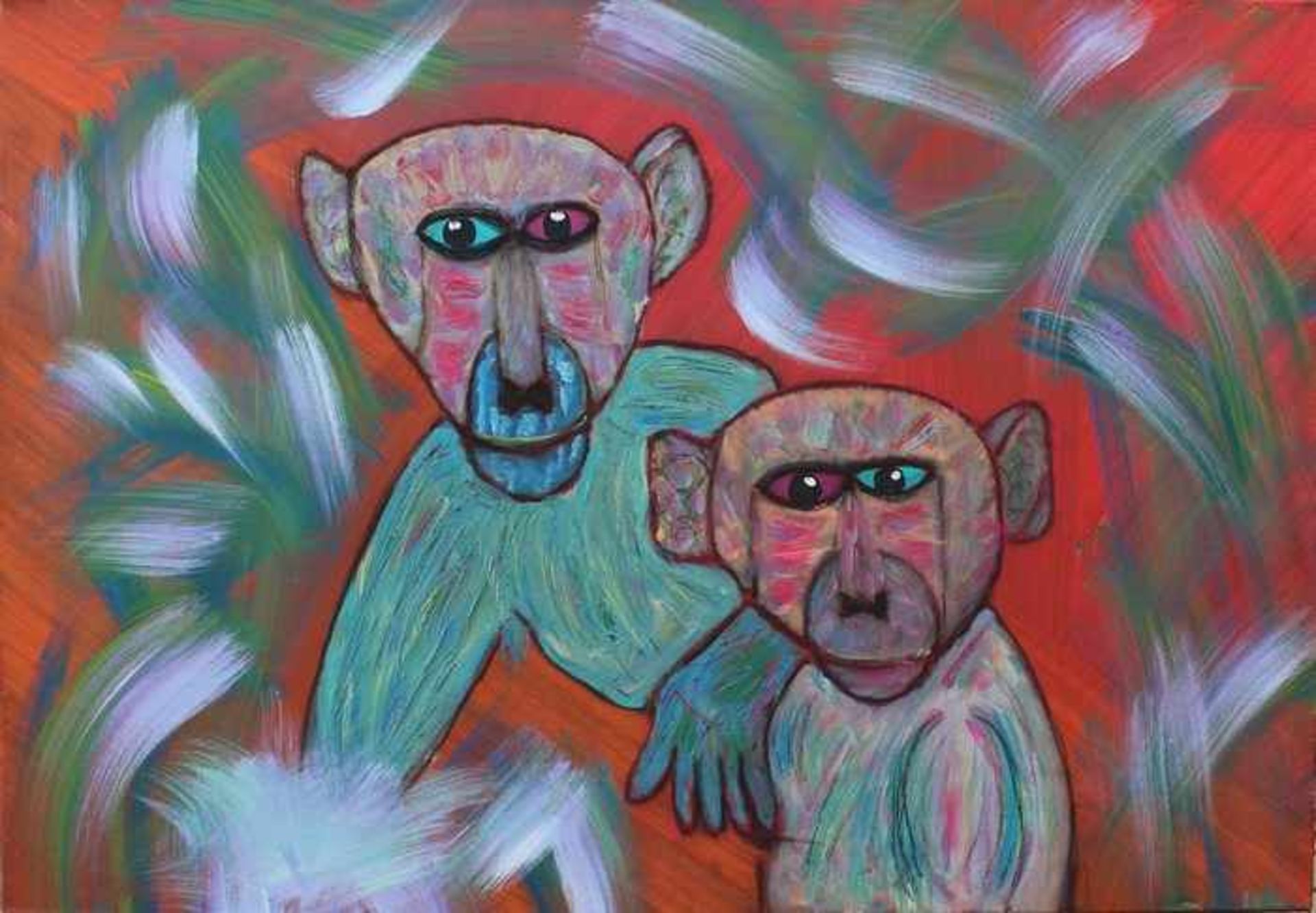 Helter, Patrickrs. bez. "Die verstrahlten Affen", Öl/Lwd., kräftige Farbpalette, breiter Duktus,