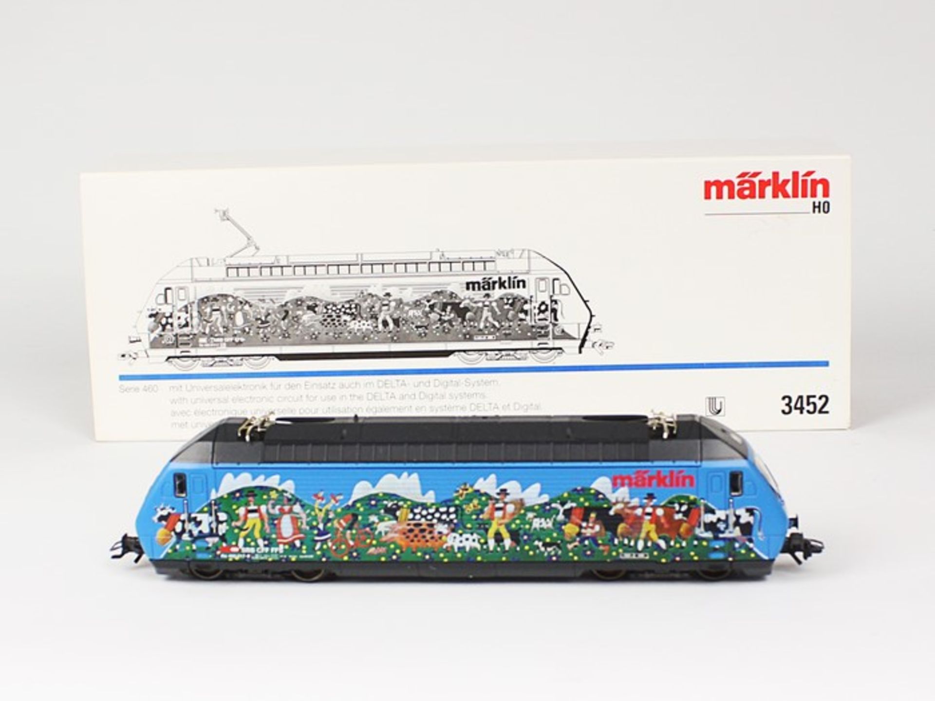 Märklin - EisenbahnE-Lok 3452, Serie 460, 460 017-7, SBB CFF FFS, blau mit buntem Bildmotiv,