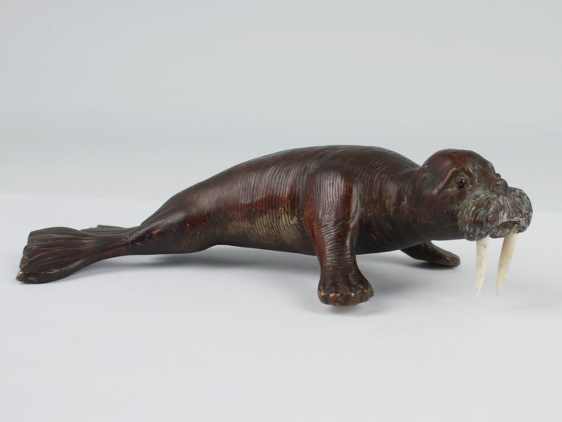 Wiener Bronzeum 1920/30, Bronze, polychrom gefasst, vollplastische Figur eines Walrosses, - Bild 2 aus 2