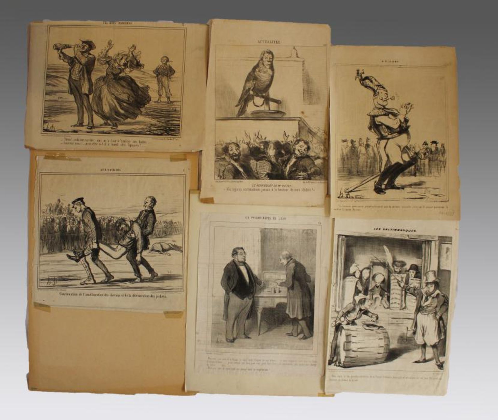Daumier, Honoré6 Karikaturen, Lithos., z.T. original Ausschnitte aus der Zeitung Le Charivari, je