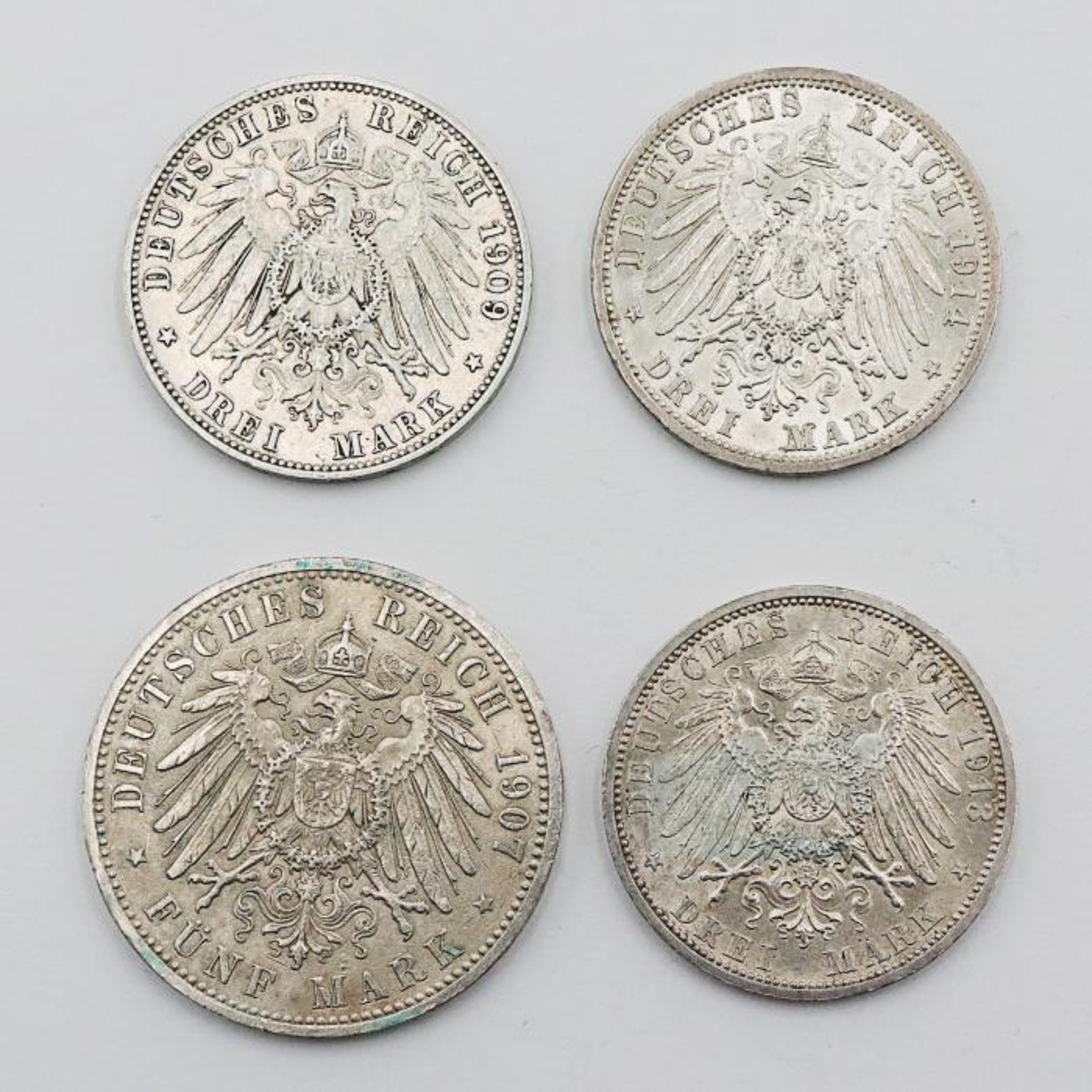 Deutsches Reich - 4 MünzenWilhelm II. Deutscher Kaiser König v. Preussen: 1 x 5 Mark 1907 A, 1 x 3 - Bild 2 aus 2