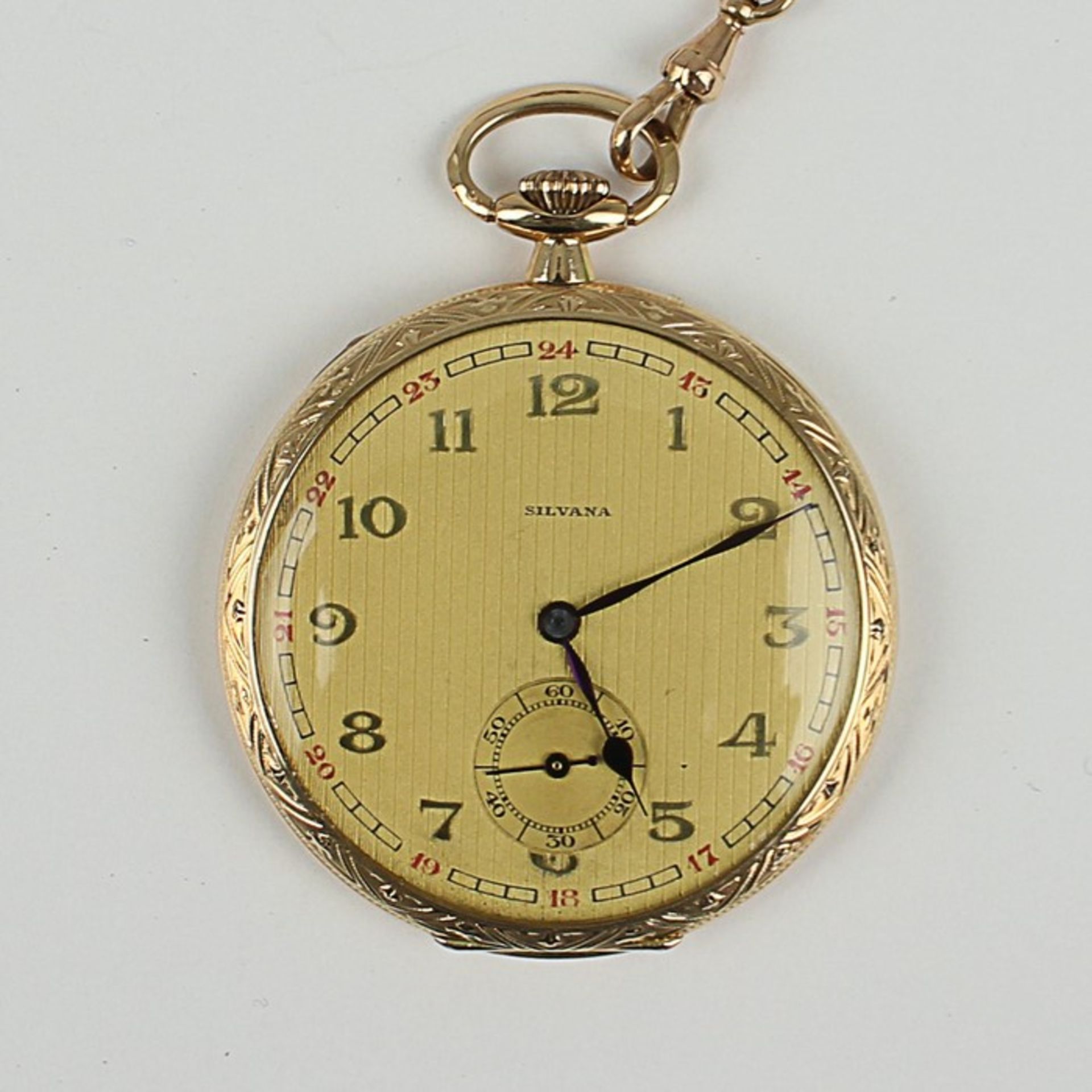 Herrentaschenuhr - SilvanaGG 585, goldfarbenes Zifferblatt, arab. Ziffern, kl. Sek. auf 6, äußerer