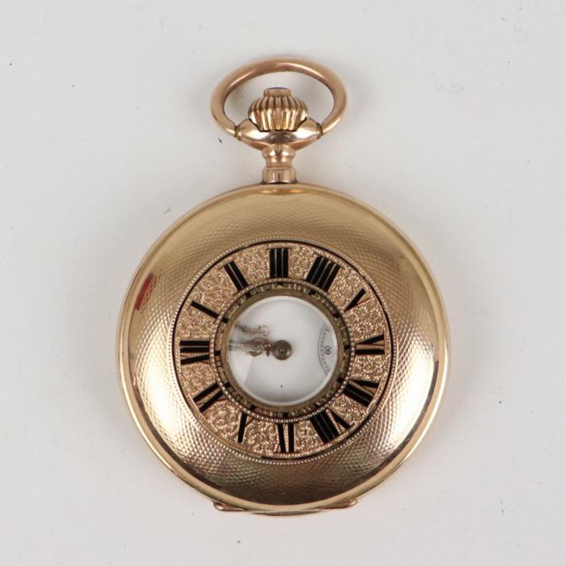 Herrentaschenuhr - MonopolGG 585, Halbsavonette-Gehäuse, Dca.5cm, weißes Emailzifferblatt, arab.