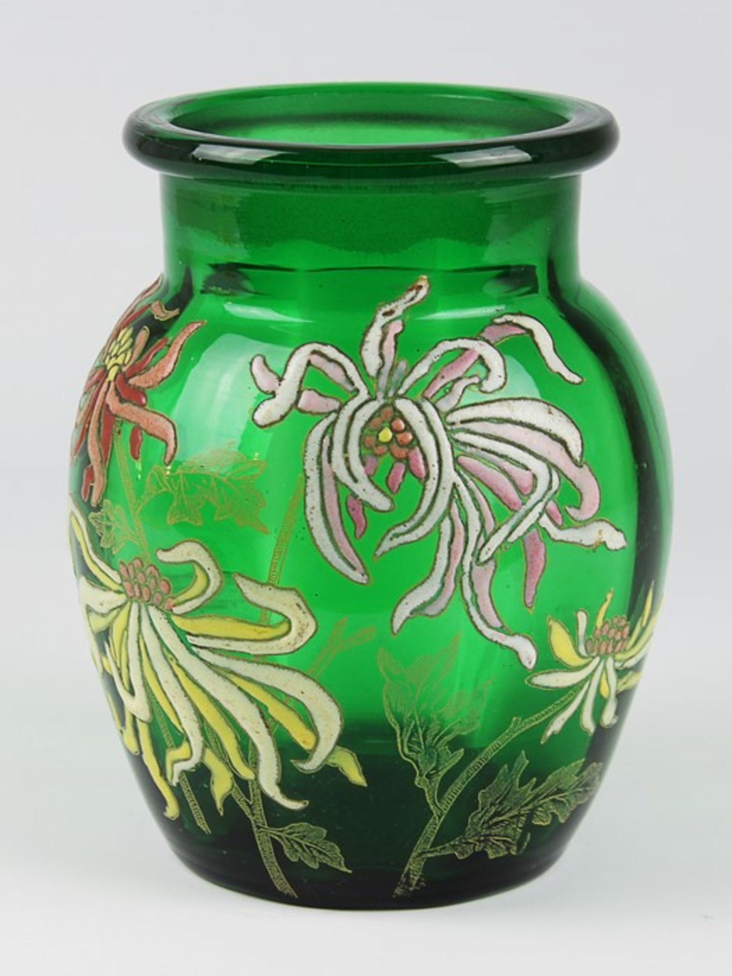 Gallé - Vase1880 - 84, Historismus, Emile Gallé, Frankreich, grünfarbenes dickw. Glas, runder Stand,