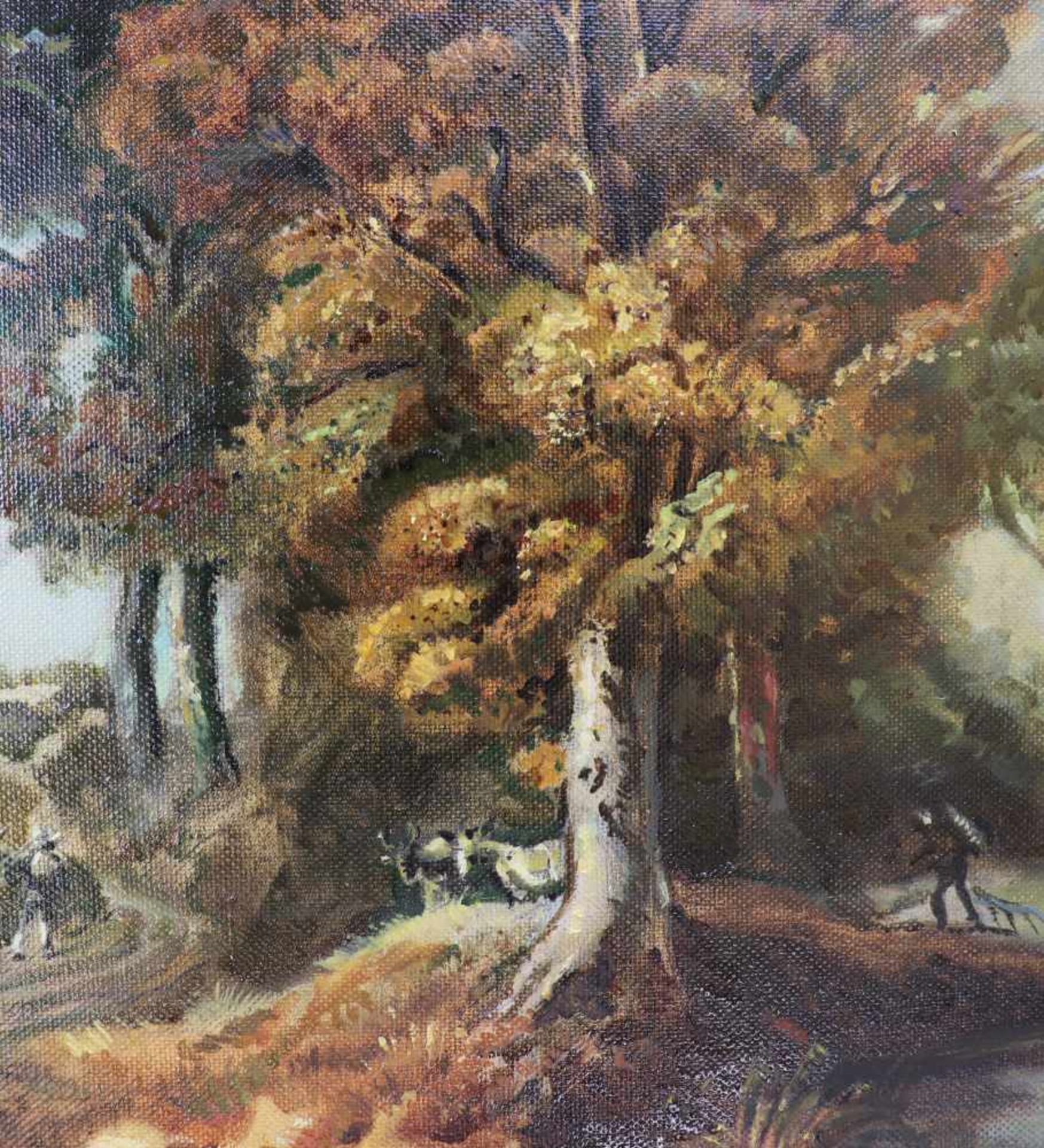 Unsigniert20. Jh., wohl Hans Gründl, Nürnberger Maler, "Bei der Waldarbeit", Öl/Lwd., erdtonige - Bild 4 aus 6