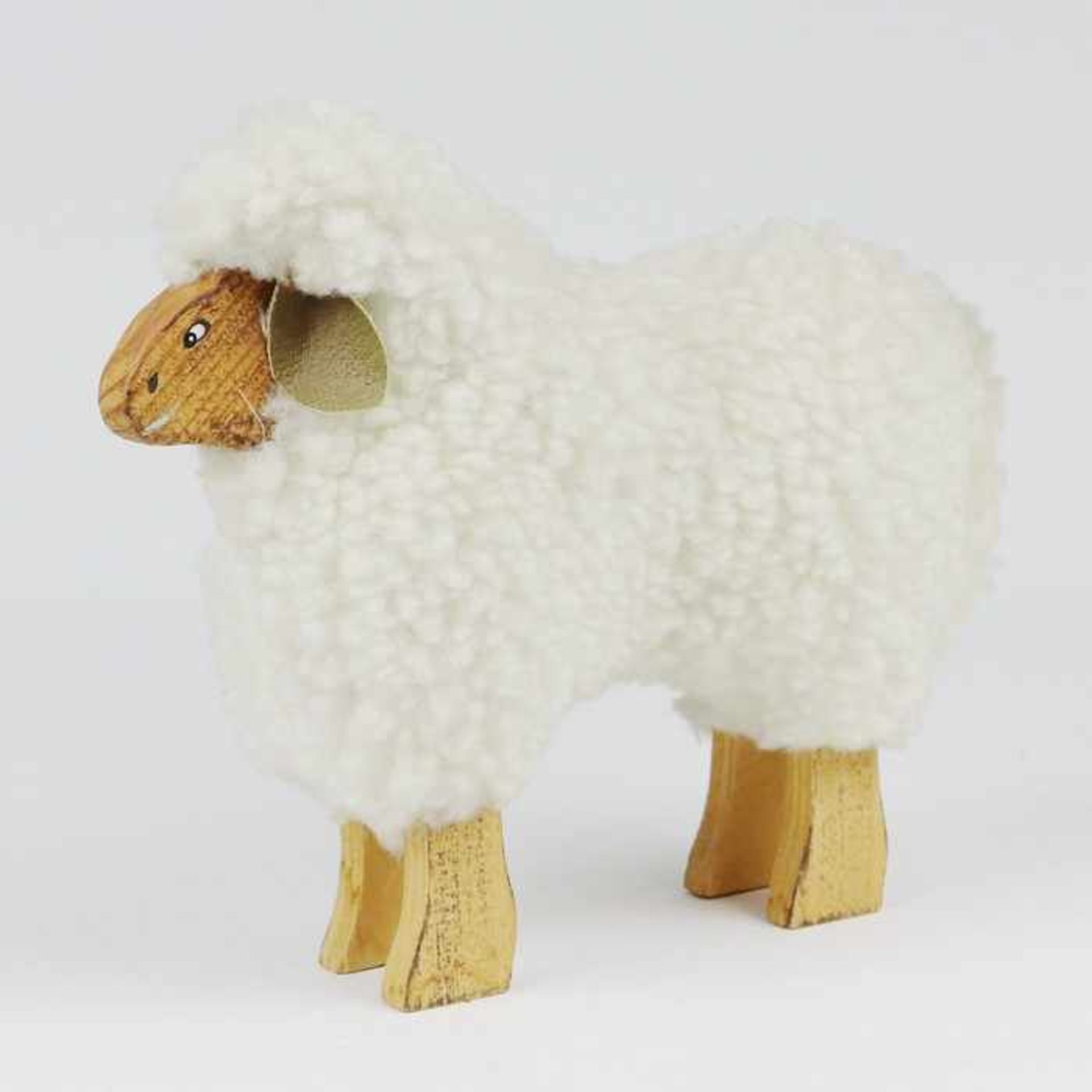 HolzspielzeugSchaf in der Art von François-Xavier Lalanne, stehendes Schaf, Holzkorpus mit künstl.