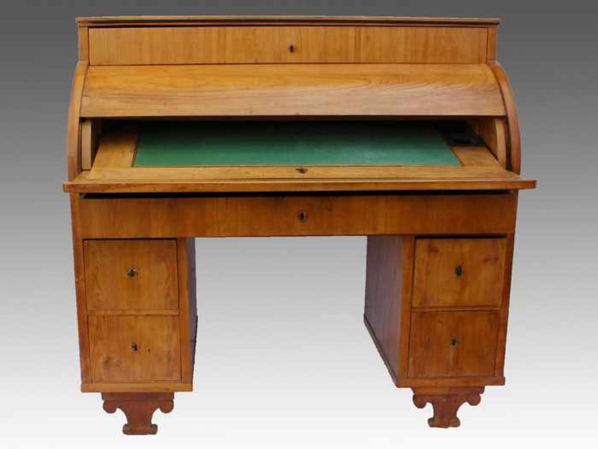 Biedermeier - Kommoden-Sekretärum 1830, Nadelholz/Kirschbaum furniert, ausgesägte Doppelvolutenfüße, - Bild 3 aus 16