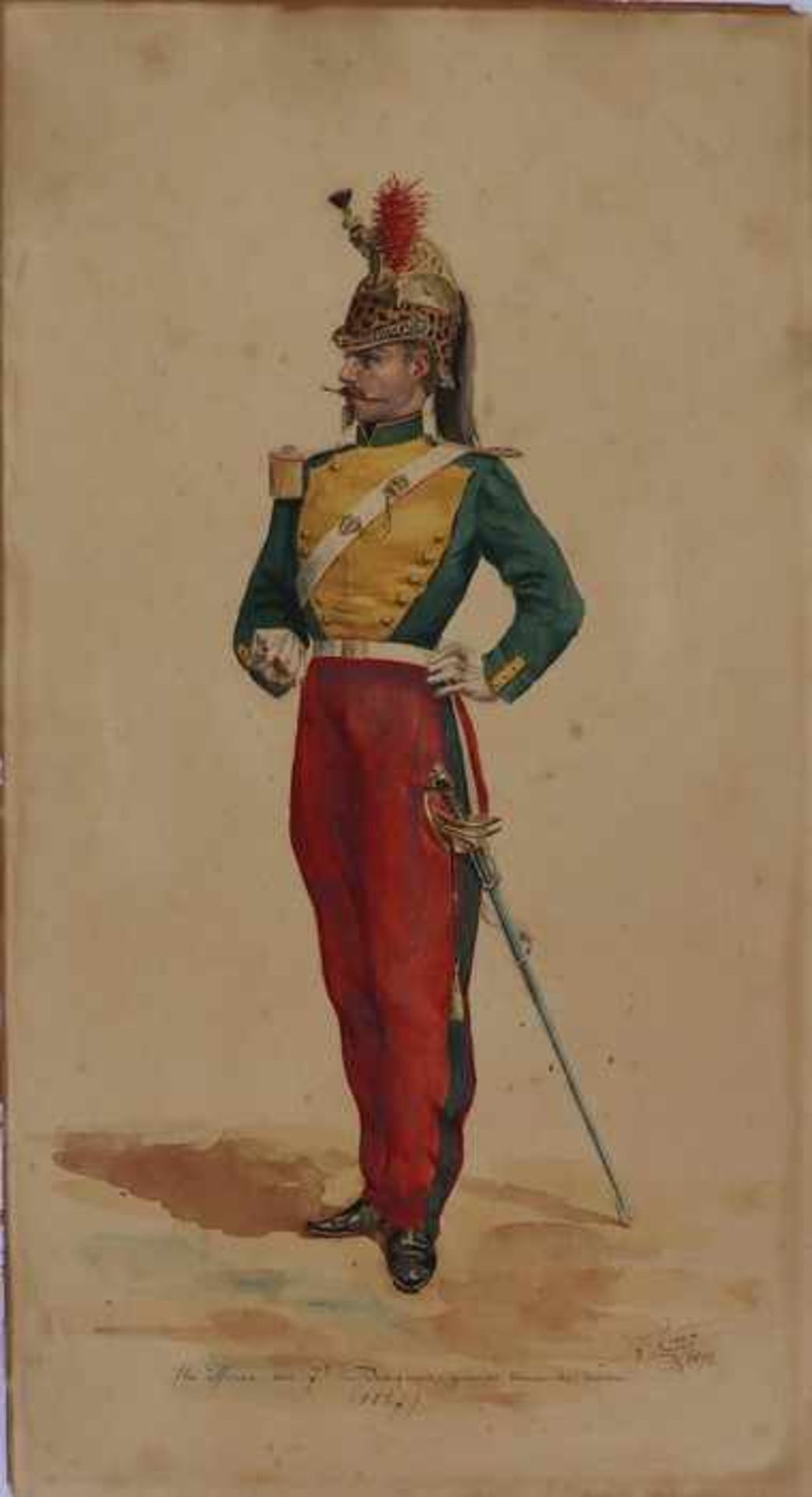 Cura, R.19. Jh., "Dragoner in Gardeuniform", Aquarell, un. französische bez. "Mn officier du 7e