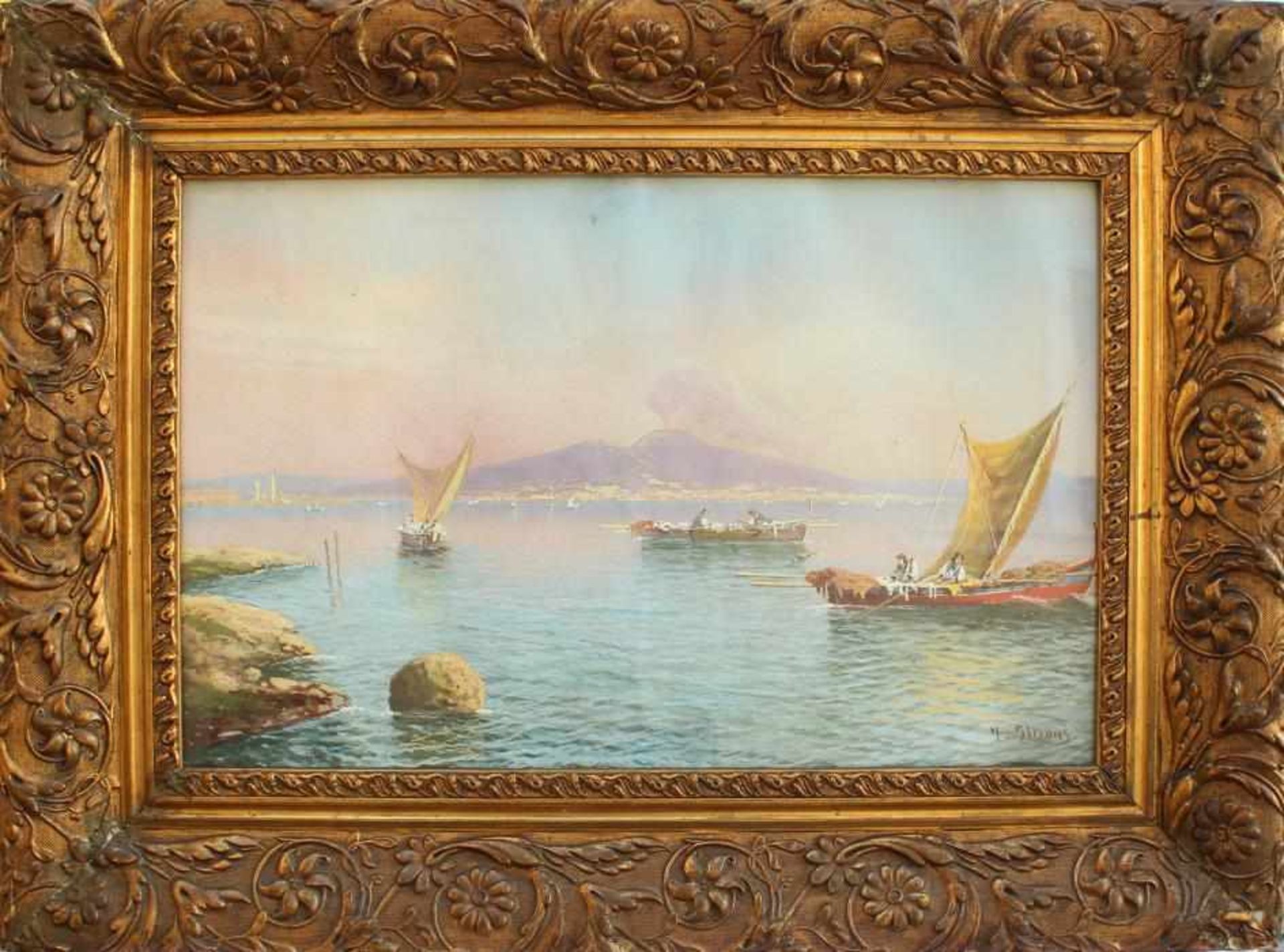 Gianni, Gian"Blick über die Bucht zum Vesuv", im Vordergrund Ruder- u. Segelboote nahe der Küste, im