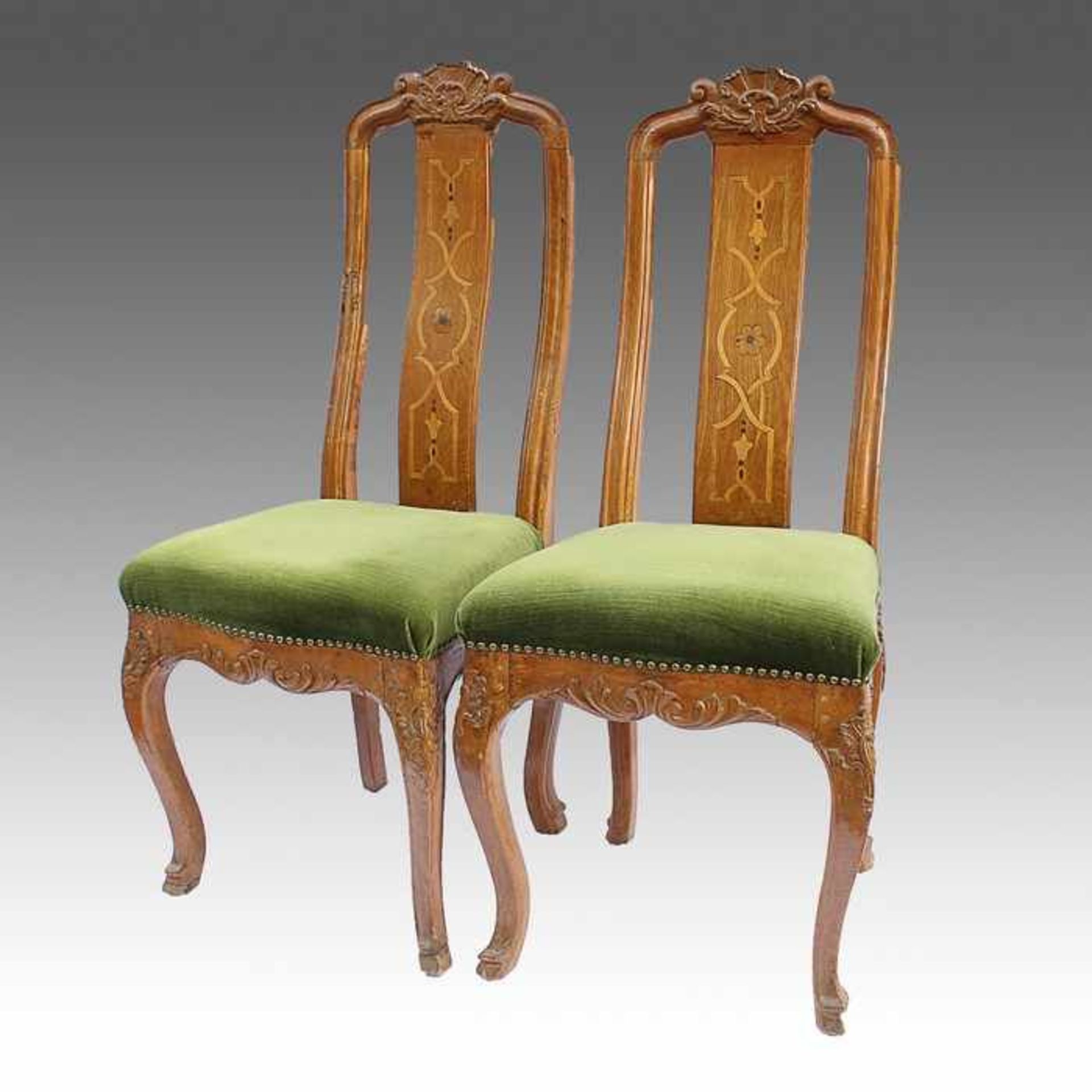 Barock- Paar Stühleum 1760, helle Eiche, massiv, Ahorn/Obstholz, Bandintarsien, Füße hufförmig, - Bild 2 aus 4