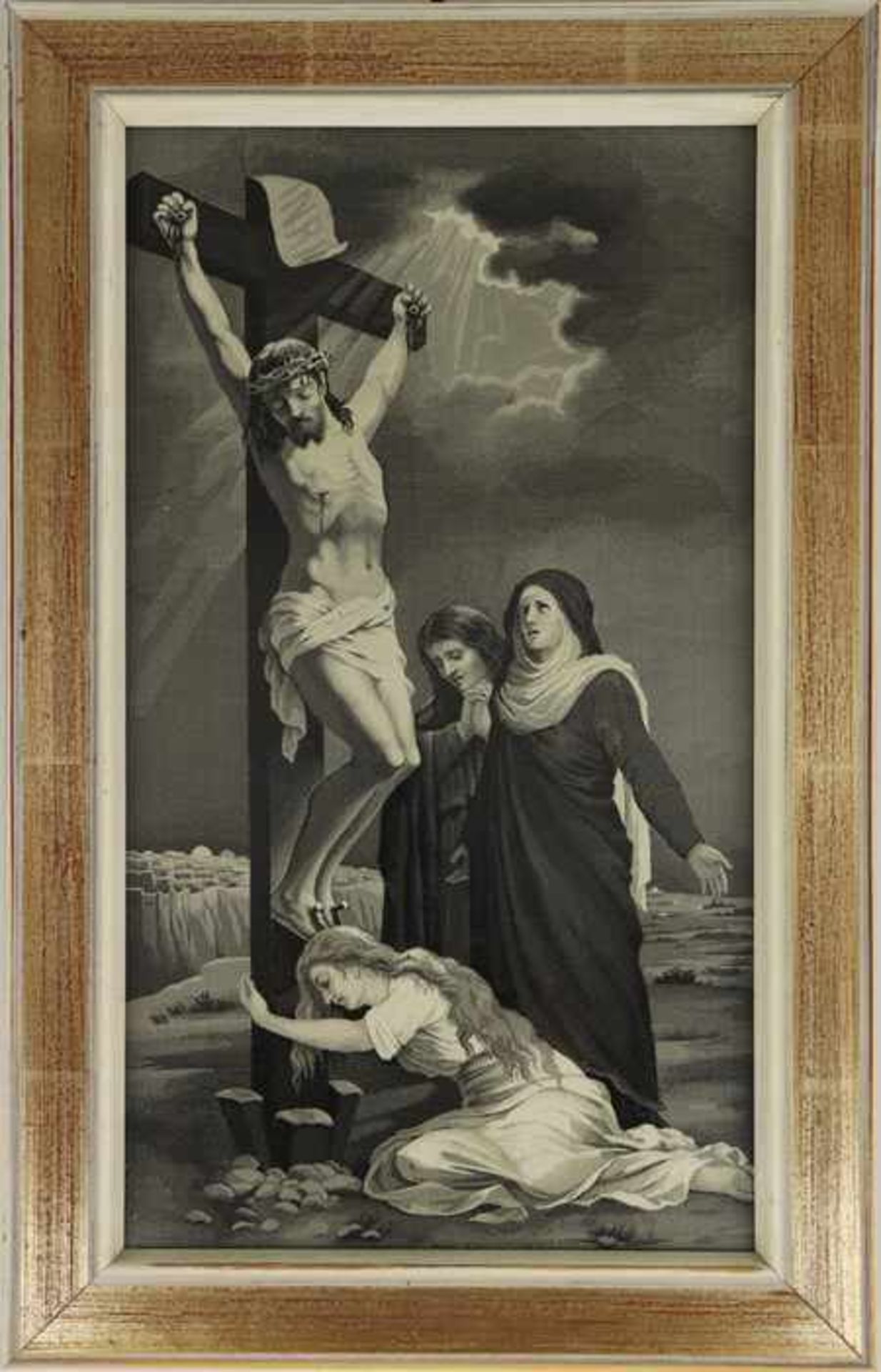TextilbildBeweinung am Kreuz, Grisaille, RhG, ca. 33,5 x 18 cm