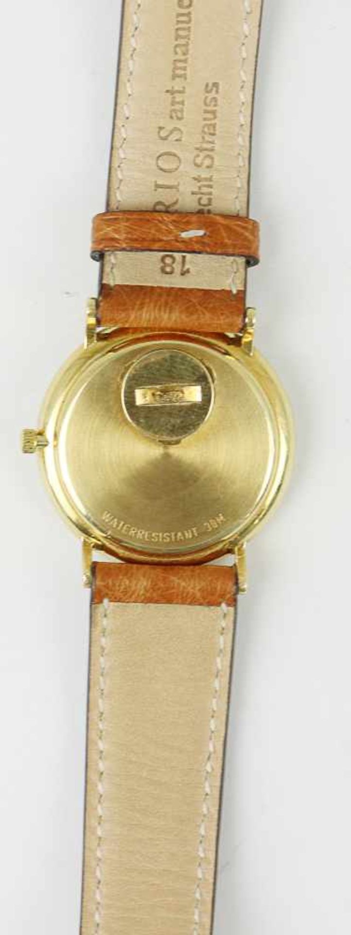 Herrenarmbanduhr - TissotSchweiz, GG 750, rundes Gehäuse, Dca.3,2cm, goldfarbenes Zifferblatt, - Bild 4 aus 5