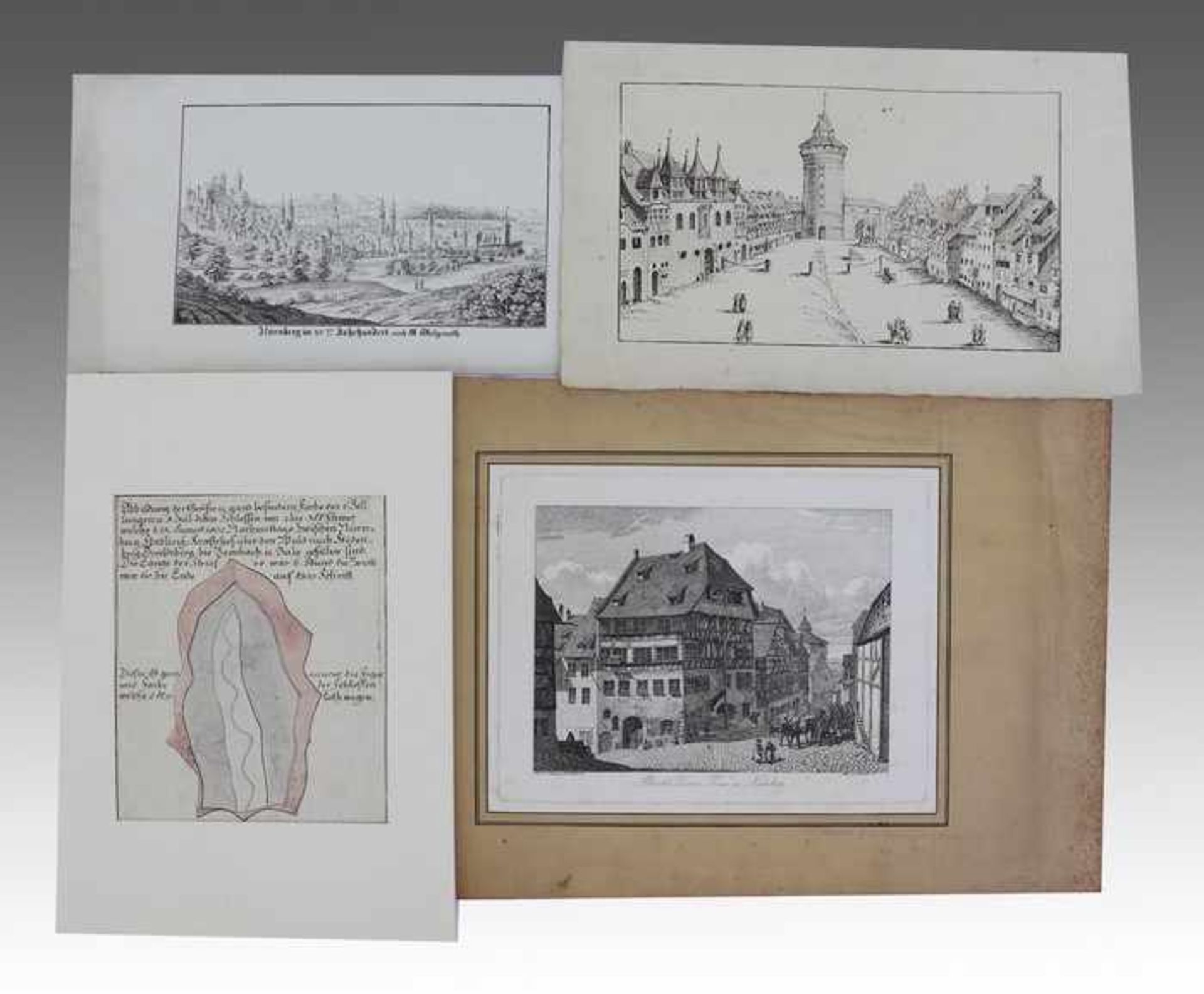 Konvolut19. Jh., 4 St., Radierung/Stich/Lithos., Erhard, J.C.: "Albrecht Dürer Haus in Nürnberg",