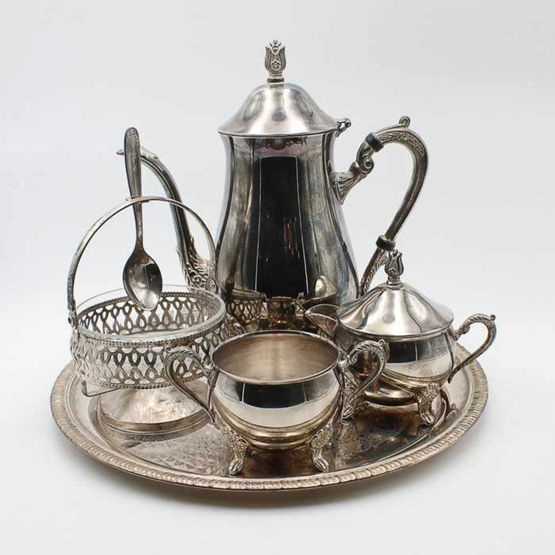 Kaffeekern20.Jh., Metall, versi., 4-teilig, Kaffee-, Milchkanne, Zuckerdose, rundes Tablett, 4- - Bild 2 aus 2