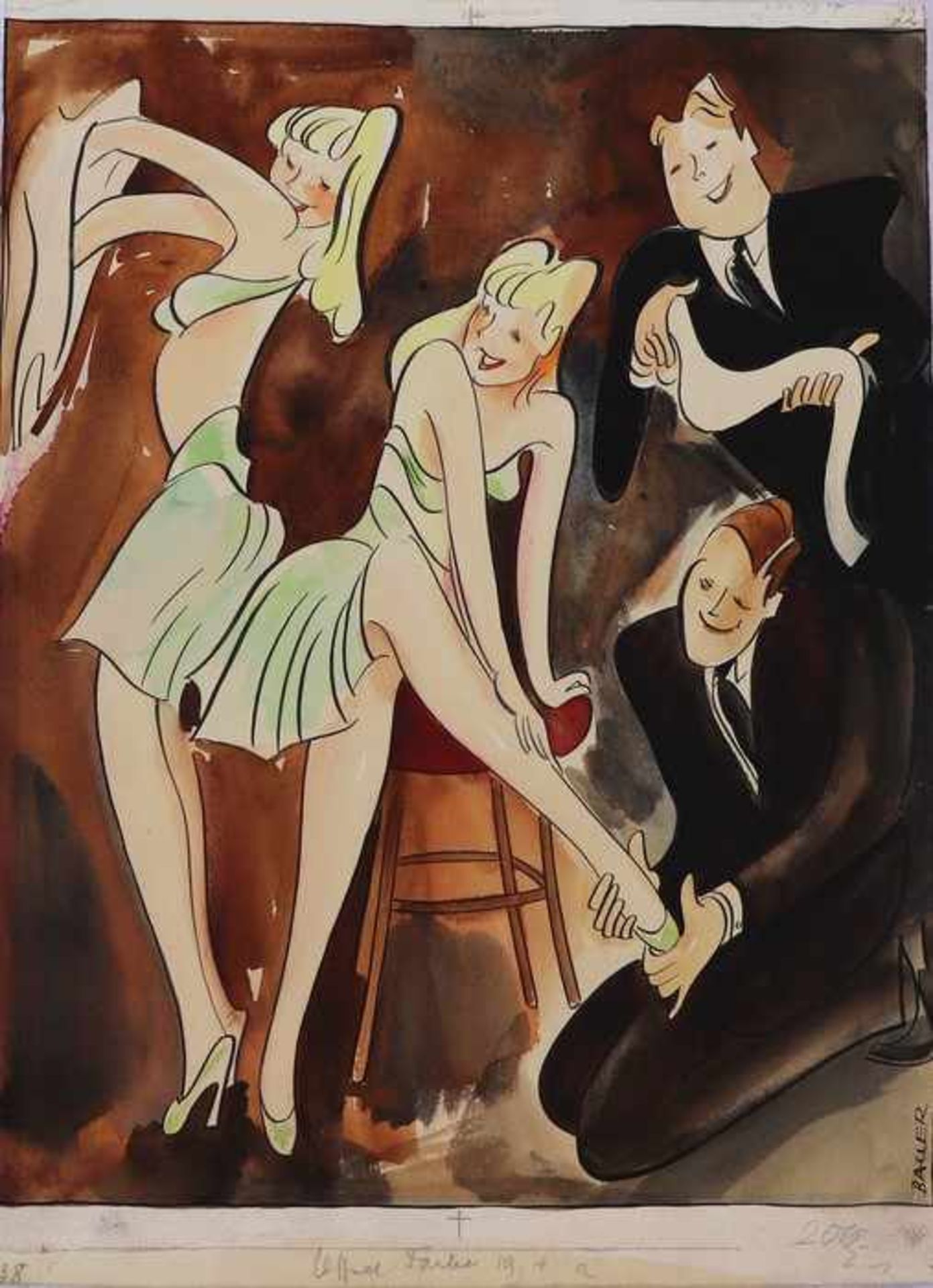 Bauer, Max1886 Stuttgart - 1951, "Im Cabaret", zwei Tänzerinen werden umgarnt von zwei Gentlemen,