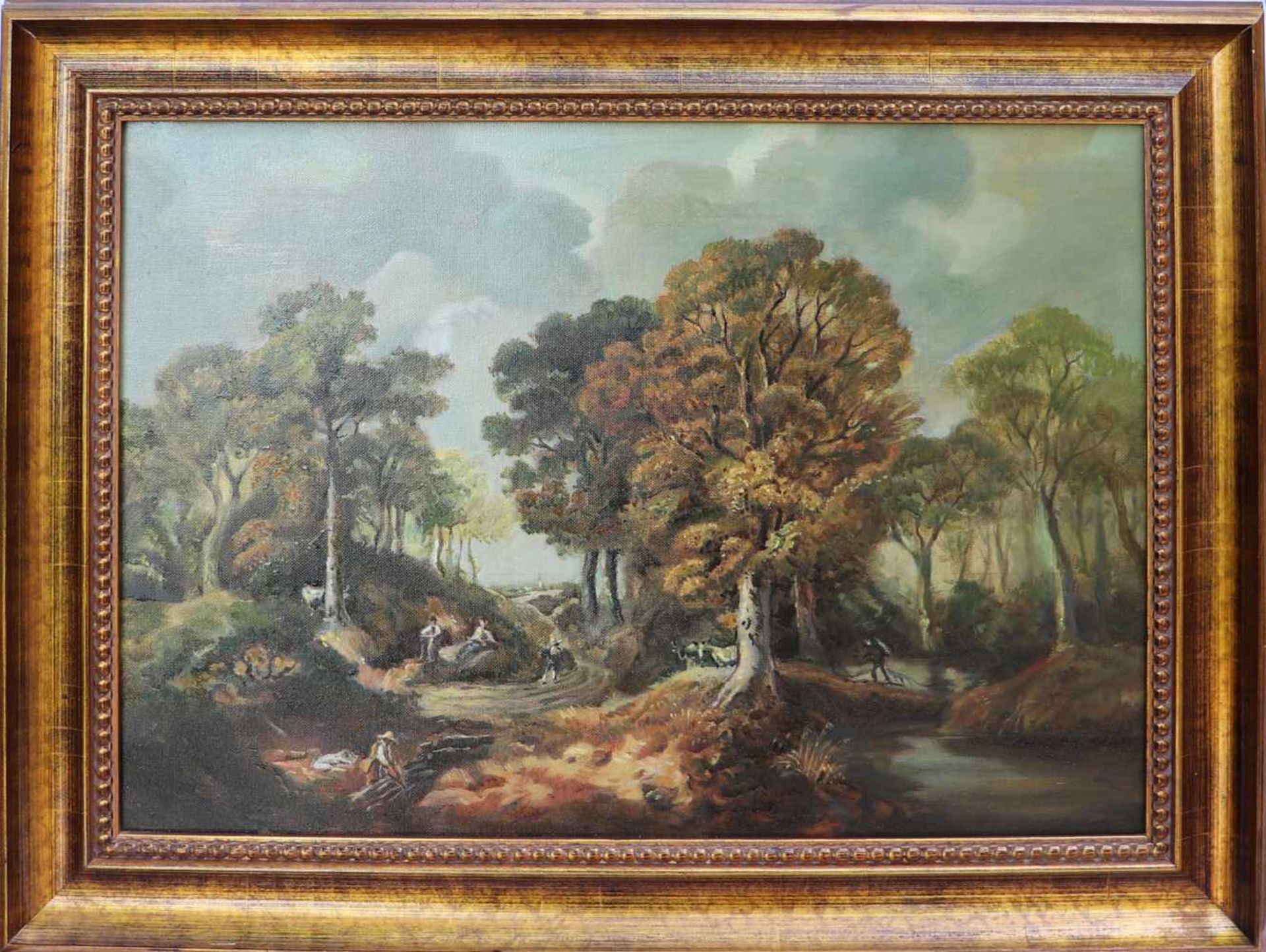 Unsigniert20. Jh., wohl Hans Gründl, Nürnberger Maler, "Bei der Waldarbeit", Öl/Lwd., erdtonige