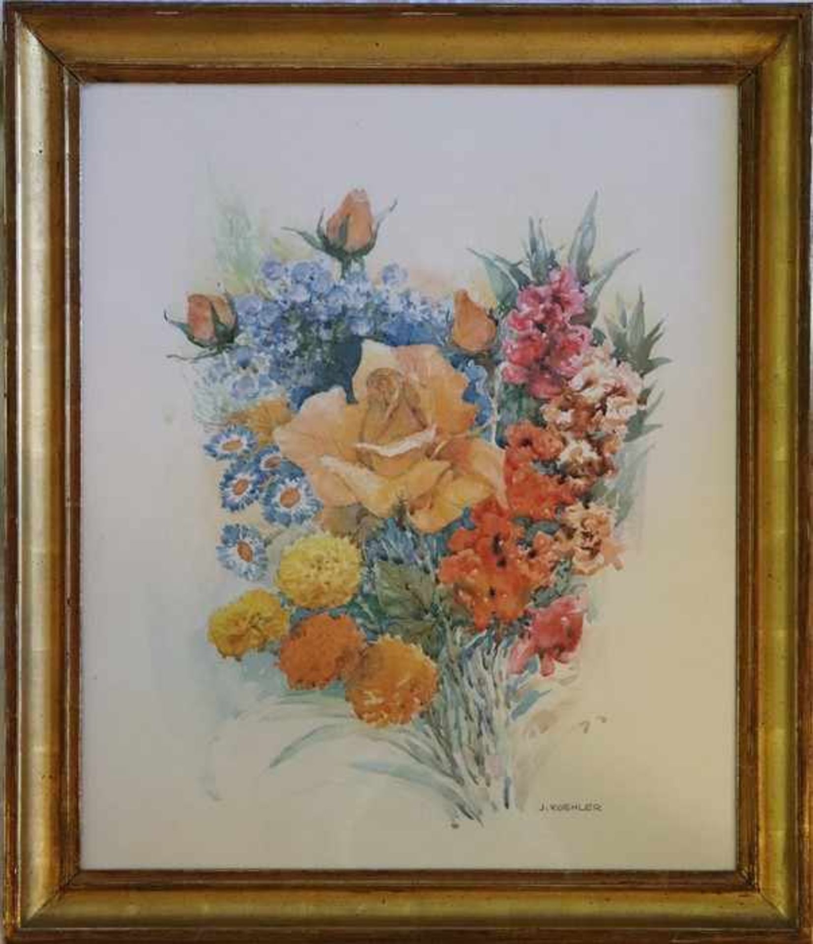 Koehler, J."Bunter Blumenstrauss", Aquarell m. kräftigen Farben, re. un. sign., Blatt min. - Bild 2 aus 4