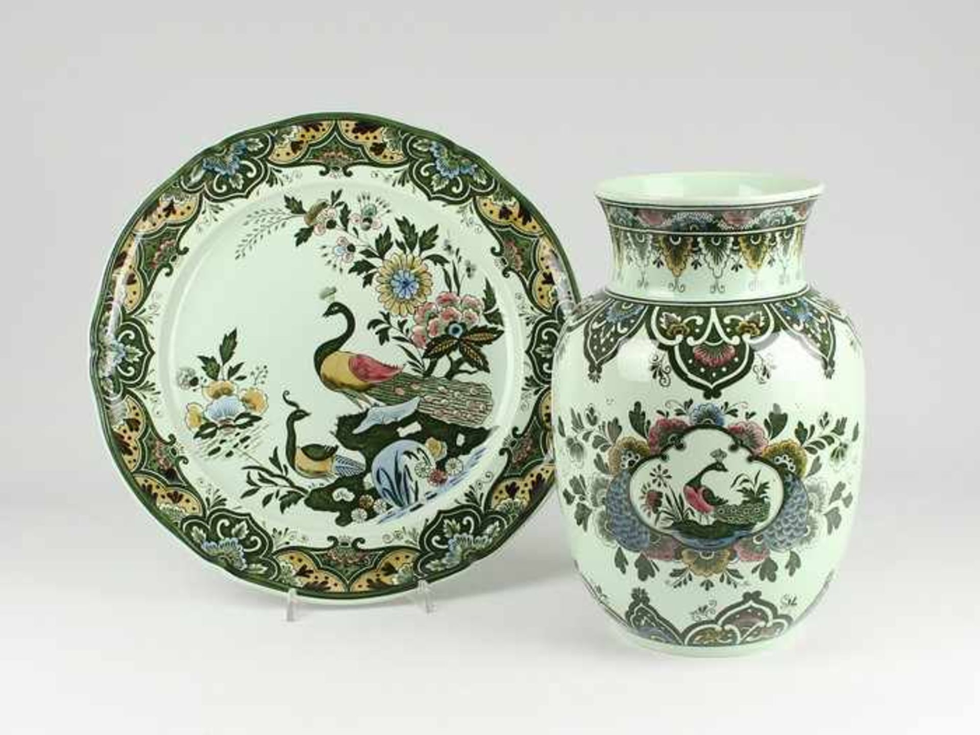 Villeroy & Boch - Set1 Teller u. 1 Vase, Paon, Mettlacher Kupferdruck, Unterglasurdruck,