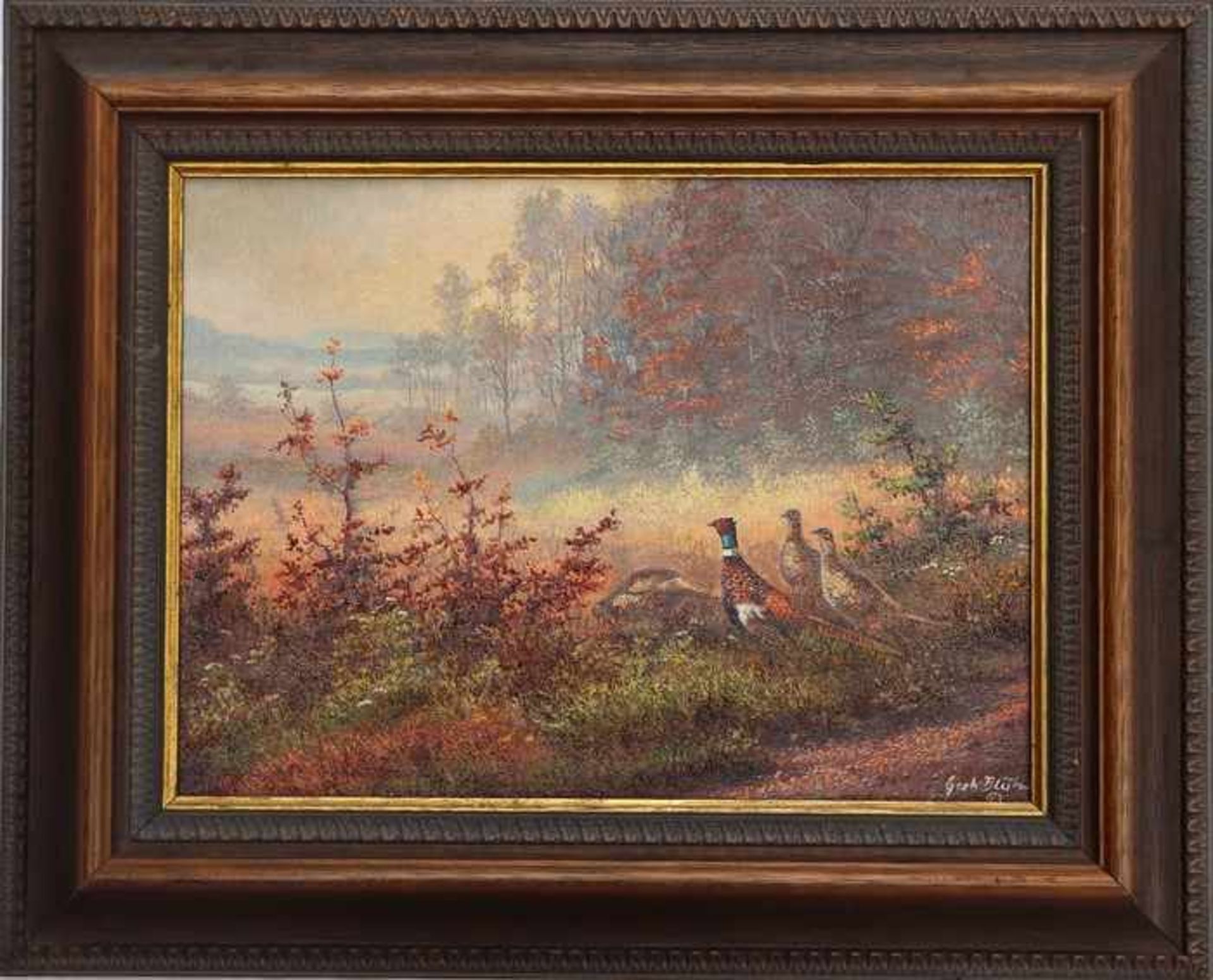 Bluhm, Prof. Gerhard"Herbstlandschaft mit Fasanen am Waldrand", Öl/Lwd., stimmungsvolle Farbpalette,