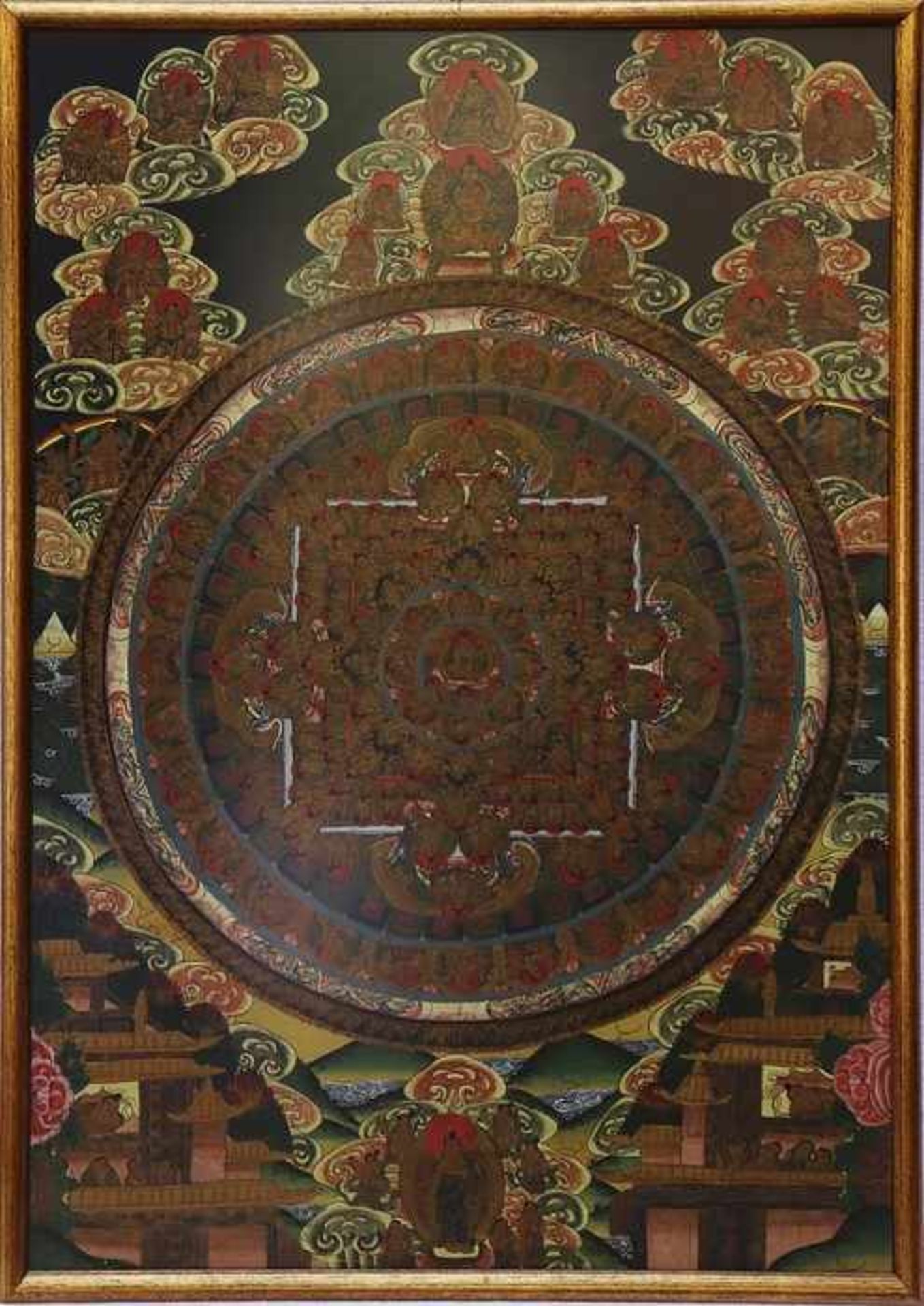Thanka20.Jh., Tibet, Mischtechnik auf Papier, blau/gelbe Farbpalette, Mandala-Kreis umgeben v.