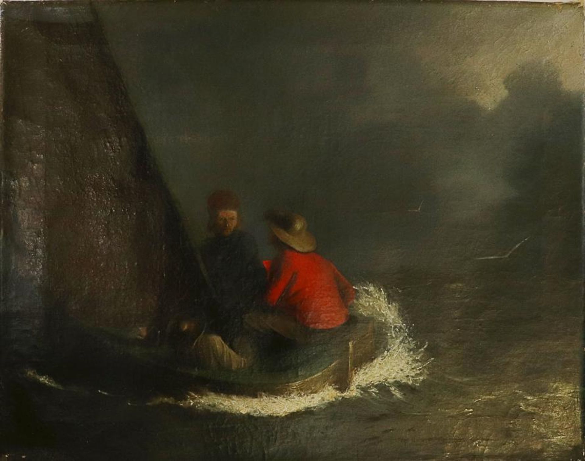 Cholm18./19.Jh., "Nächtliche Bootsfahrt ", Öl/Lwd., 3 Männer in einem Segelboot auf stürmischer See,