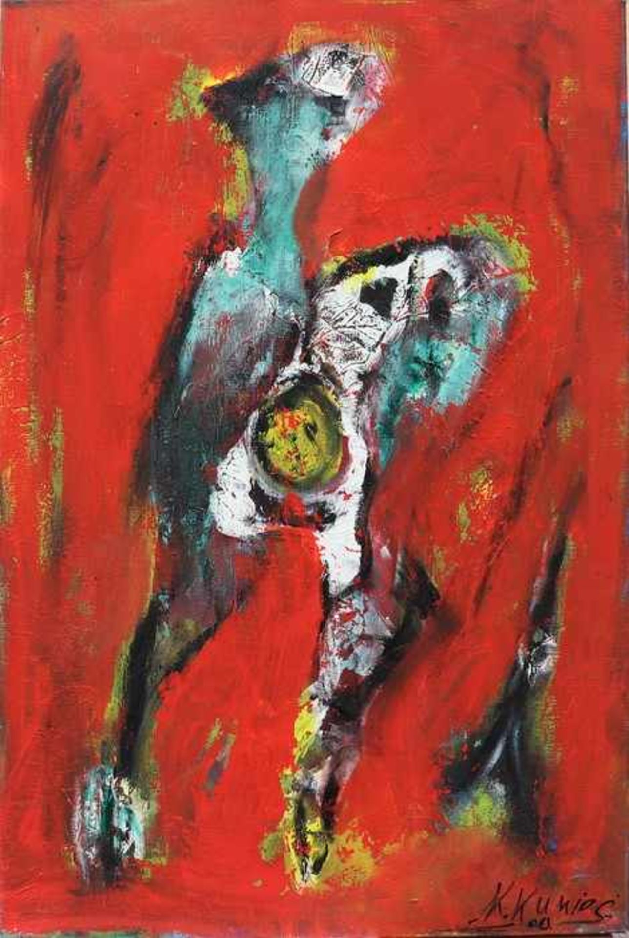 Kunios, Kosta"Abstrakte Komposition mit Vogel", Öl/Lwd., kontrastreiche Farbpalette m. kräftigen