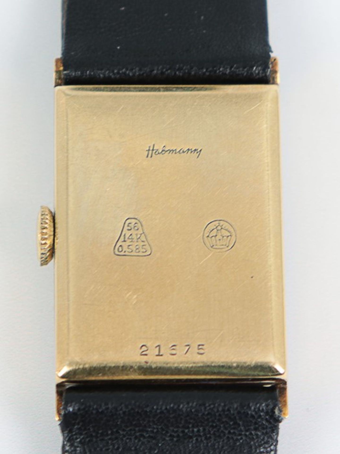 Habmann - DamenarmbanduhrGG 585, rechteckiges Gehäuse, goldfarbenes Zifferblatt, arab. Ziffern, - Bild 2 aus 2