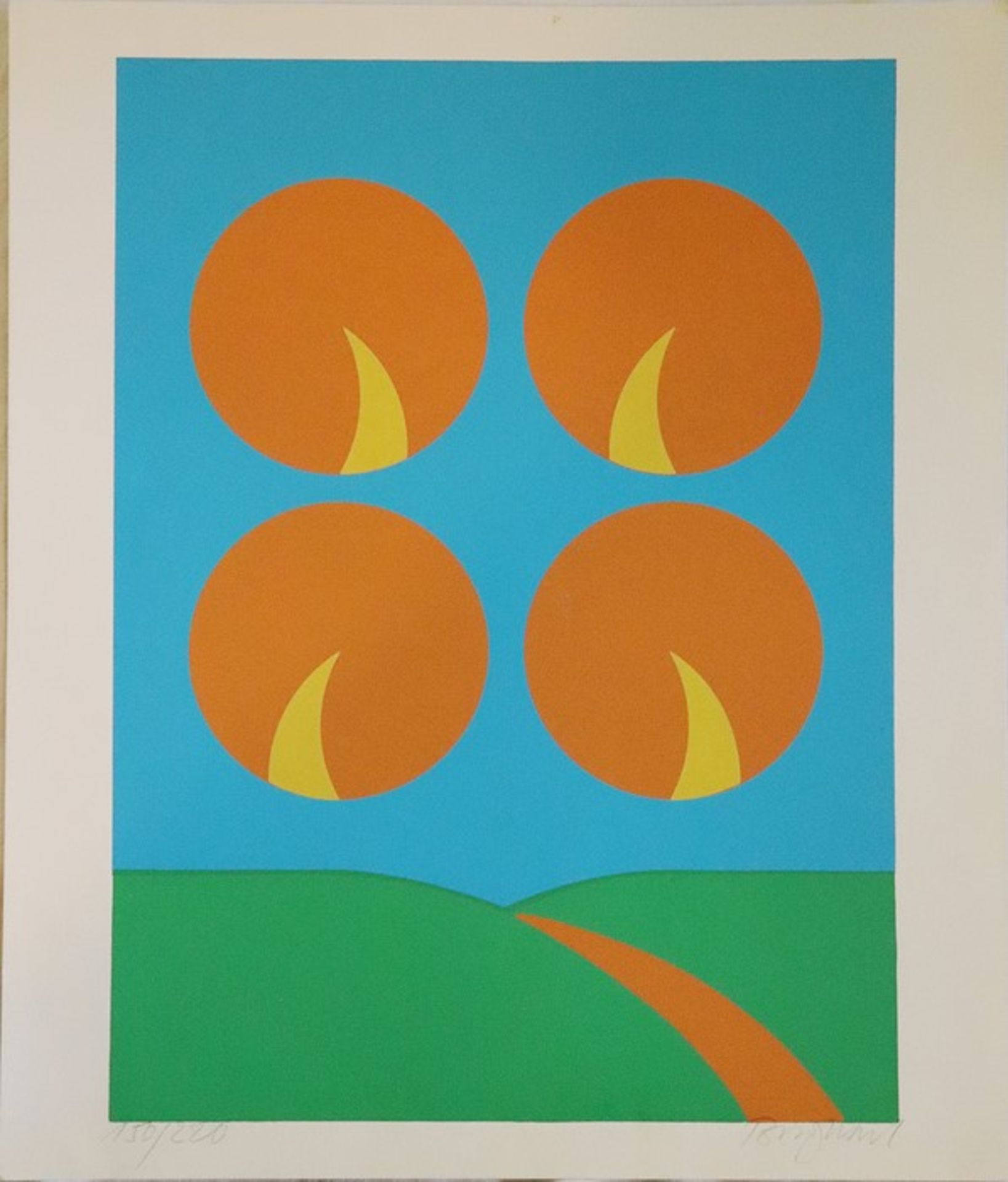 Burghart, Toni"Abstrahierte Landschaft mit 4 Sonnen", Farbserigrafie in Grün, Blau, Orange u.