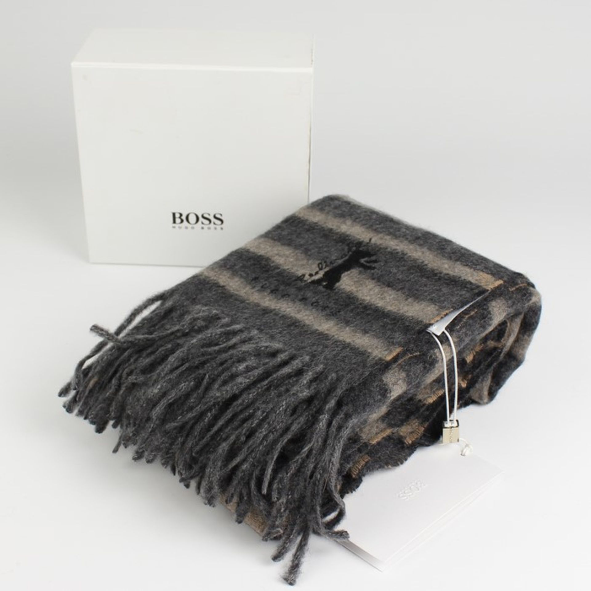 Hugo Boss - Schal100 % Kaschmirwolle, Made in United Kingdom, eine Seite in grau, braun, schwarz,